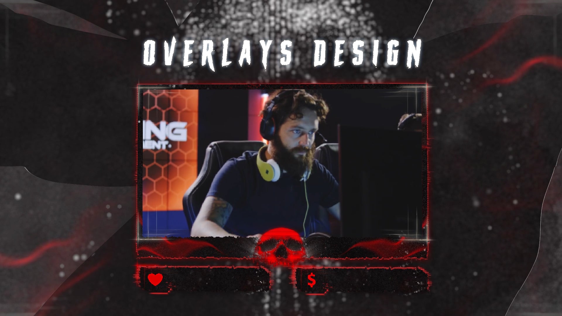 Dark-themed webcam overlay with subtle glowing border and floating skull effects from Airborne Twitch Overlay pack