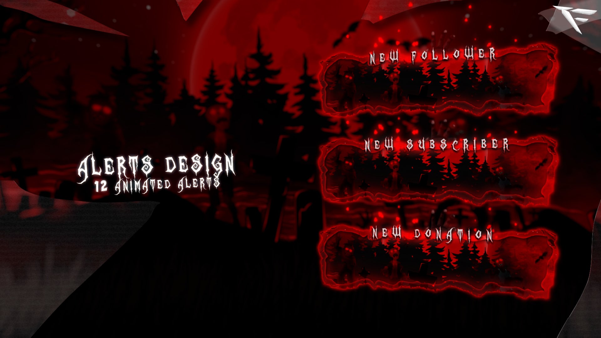 The Cemetery Horror Twitch Alerts – animated follow, subscriber, donation, and raid alerts with spooky graveyard and blood-red horror theme for Twitch, OBS, and Streamlabs streamers.