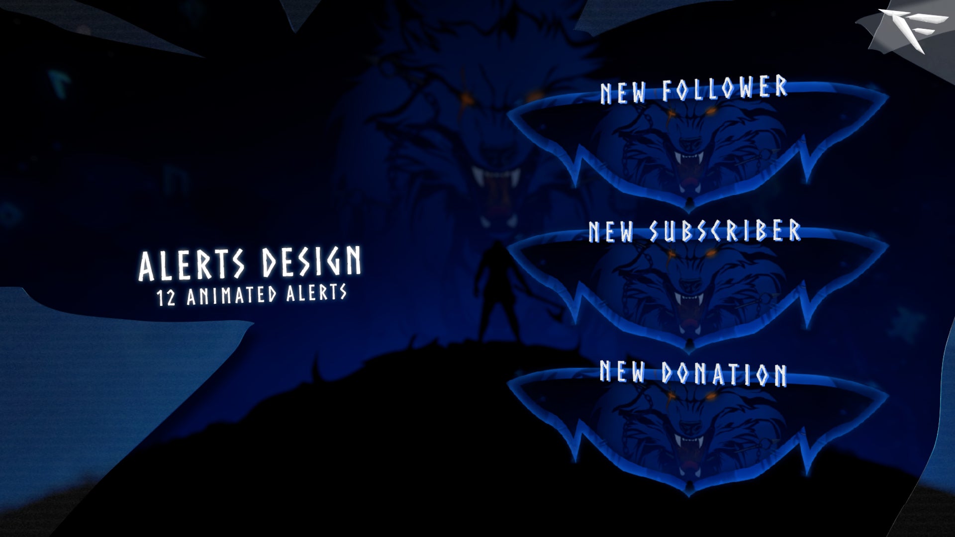 Animated Norse wolf Twitch alerts with runic symbols, icy blue glow effects, and cinematic motion from the Fenrir Stream Package.