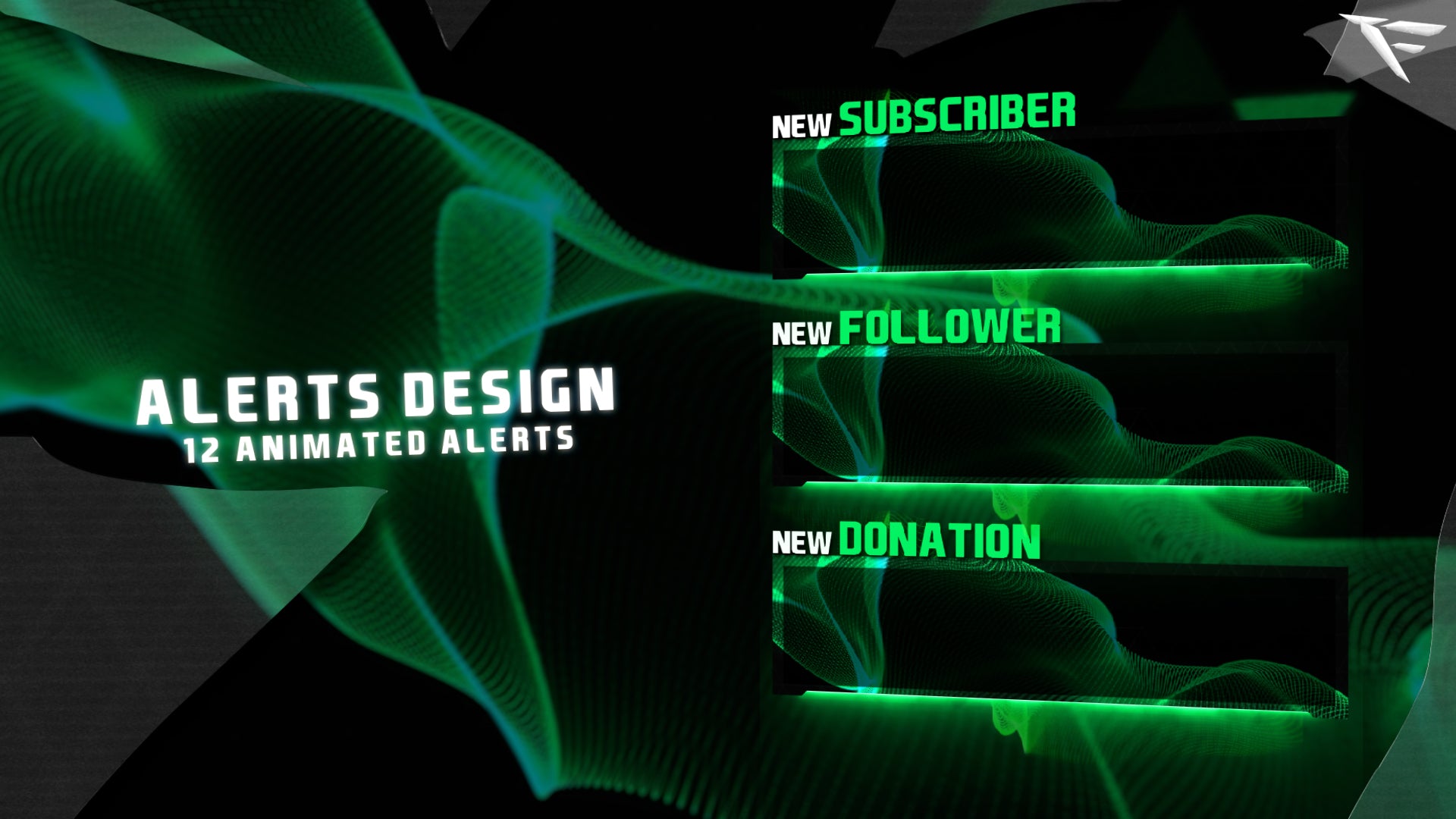 Superstars Sports Twitch animated alerts with scoreboard-style graphics, green-and-black colors, and high-energy sports broadcast animations by FragileGFX.