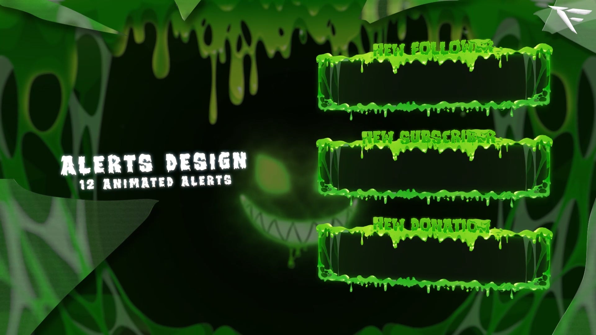 Slime Monster animated Twitch alerts – slime-themed stream notifications for new followers, subs, and donations – designed for Twitch and Streamlabs by FragileGFX.