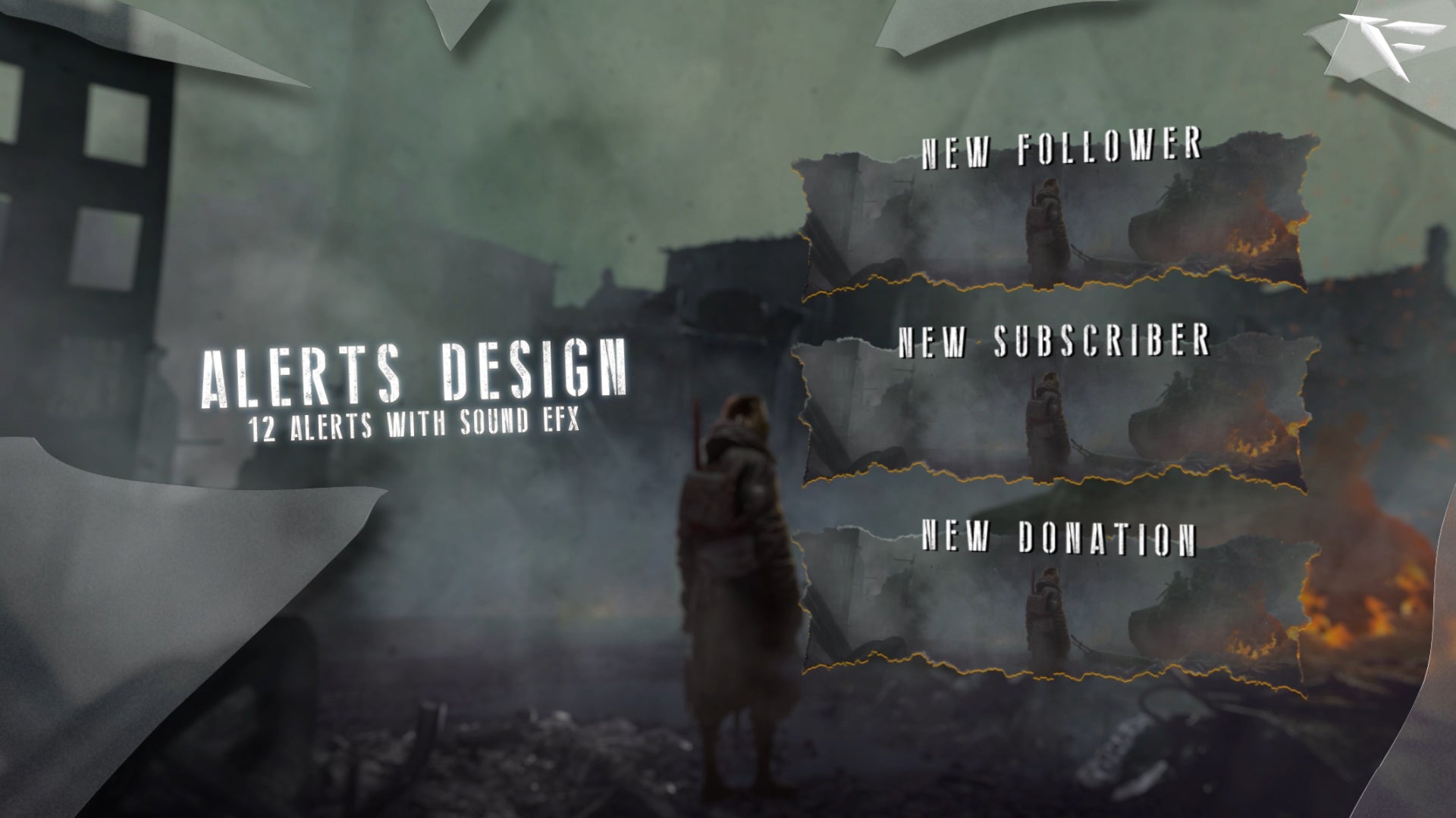 Aftermath animated Twitch alerts – high-tech destruction-themed notifications for followers, subscribers, and donations – professional stream alert design by FragileGFX.