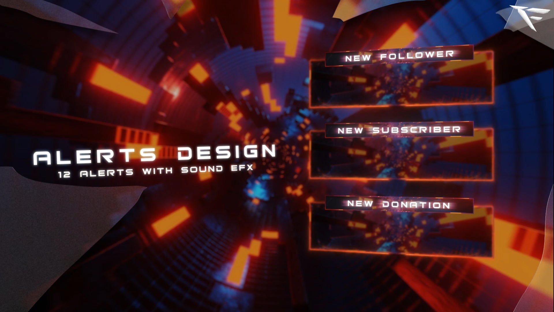 Tunnel Stream Package Alerts – animated Twitch alerts for followers, subscribers, donations, and raids with futuristic neon tunnel effects and glowing orange cyber design for OBS and Streamlabs streamers.