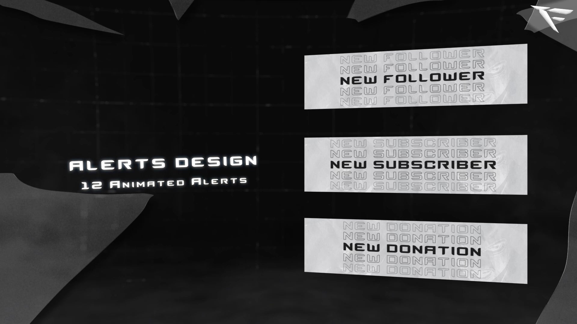 Animated alert previews for followers, subs, donations, and raids – designed with glitch effects for CS2 Twitch streams
