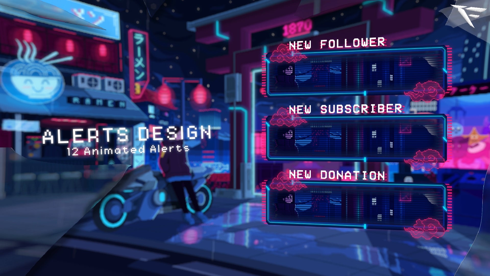 Pixel Cyber Japan animated alerts – neon glitch and pixel transitions inspired by Japanese cyber cities for Twitch notifications.
