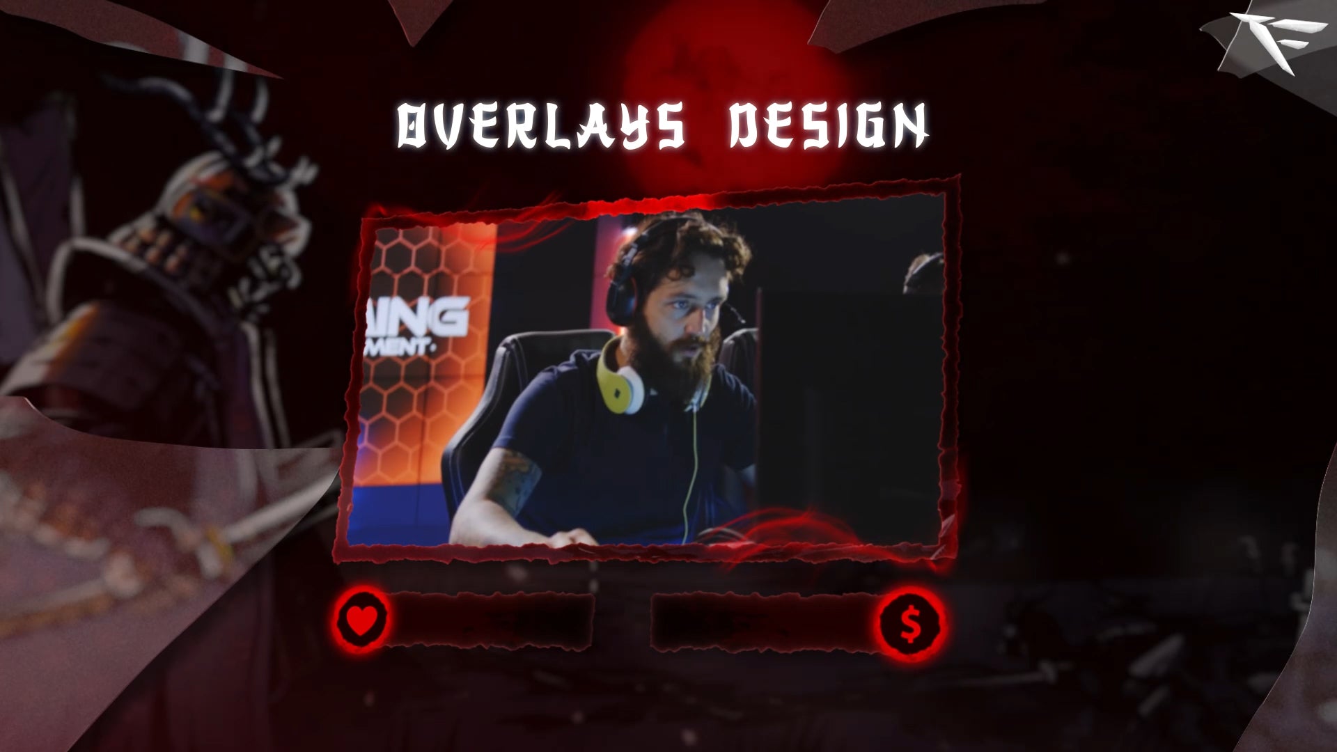 Dark Samurai Twitch Overlay – Animated webcam frame for OBS with a bold samurai design, perfect for streamers who want a fierce, warrior-themed look