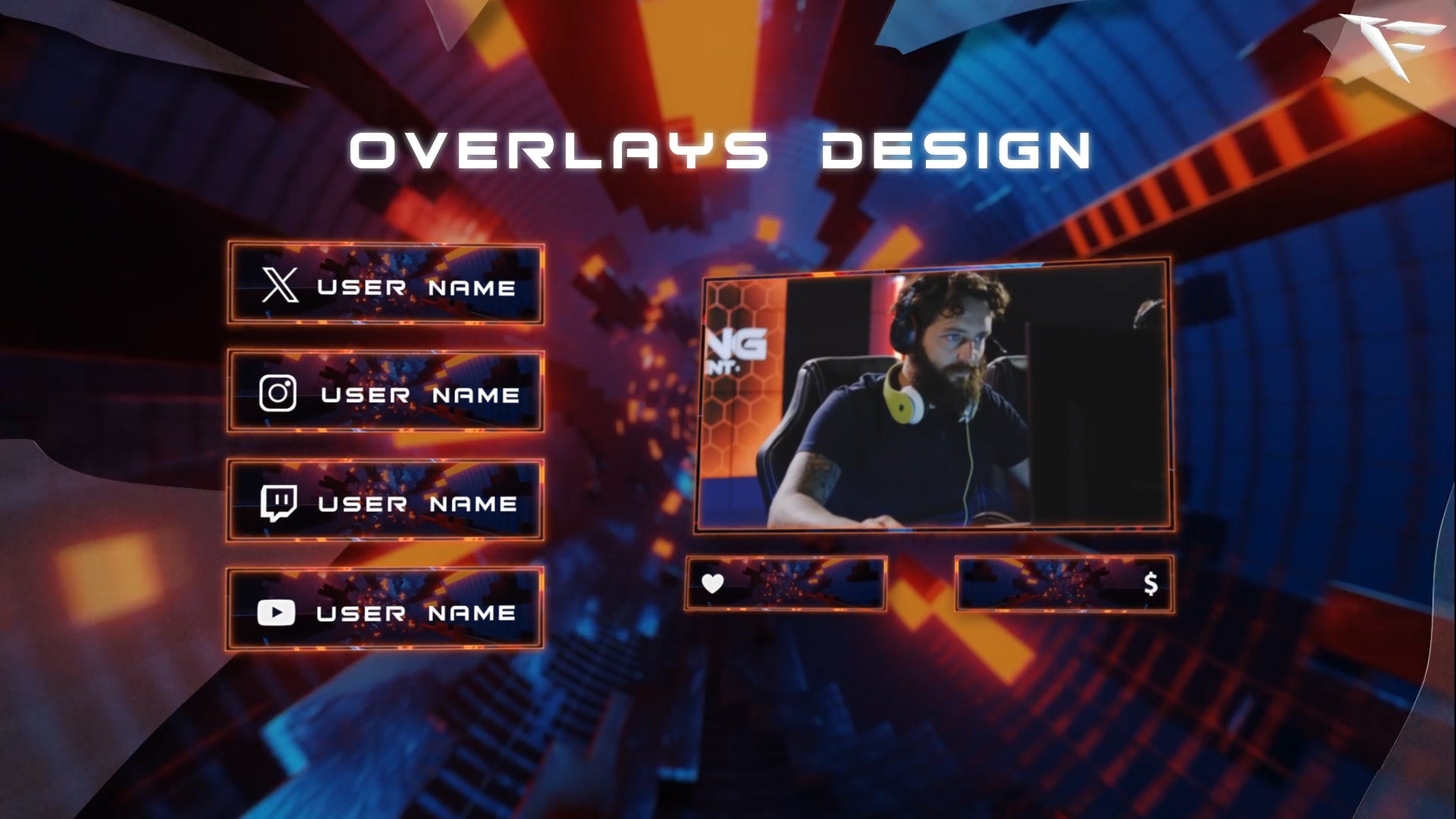 Tunnel Stream Package Facecam Frame – futuristic webcam overlay with glowing orange neon tunnel design and cyber grid aesthetic, perfect for Twitch streamers using OBS and Streamlabs.