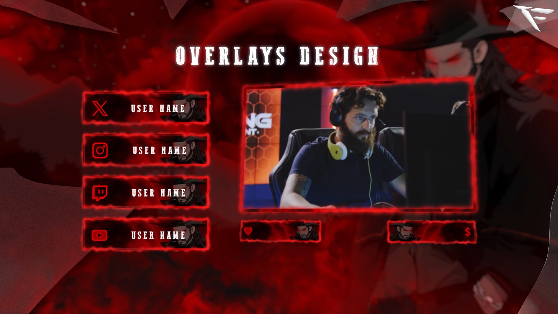 Bounty Hunter Twitch overlay and facecam frame featuring red-black tones, metallic effects, and dark-anime western design by FragileGFX.