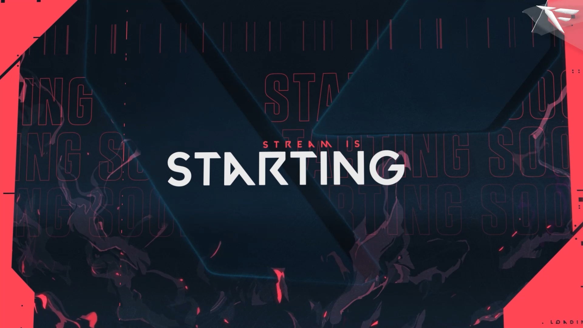 Animated Twitch stream screens (Starting Soon, BRB, Ending, Offline) designed with glitch effects and Valorant-style layouts.