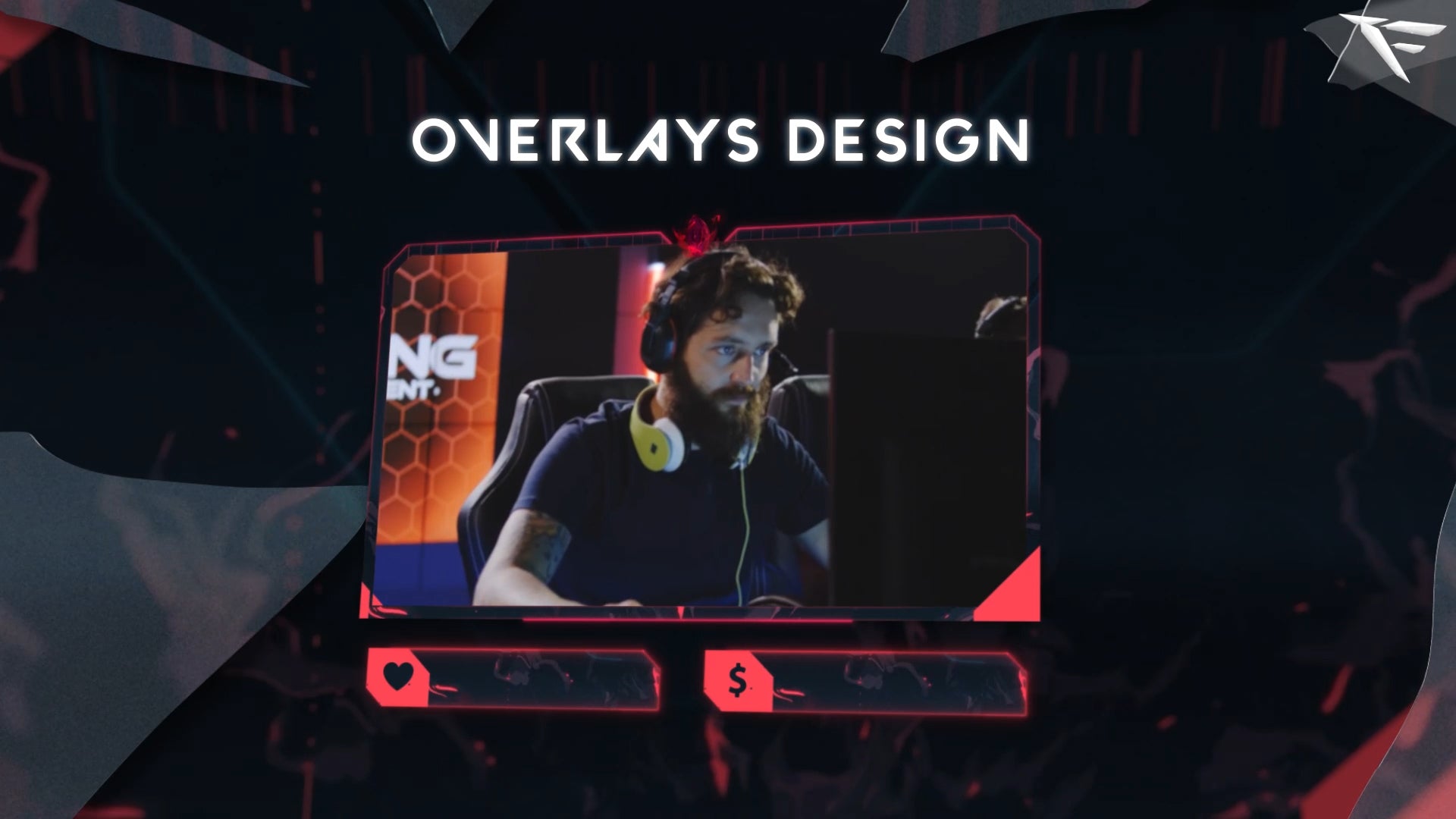 Valorant-style Twitch overlay featuring a tactical webcam frame, animated chat box, and clean stream labels for OBS and Streamlabs.