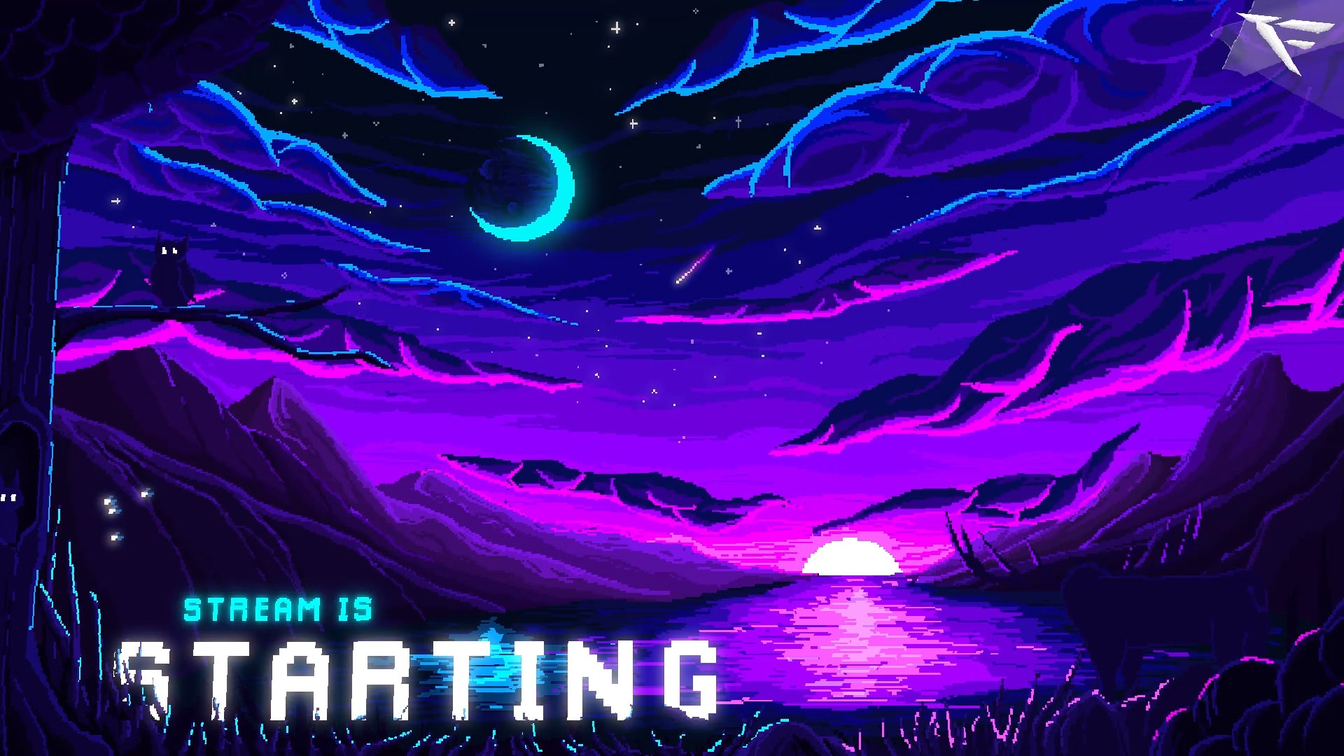 Pixel art Starting Soon screen from Night Sky Twitch Overlay – animated stars and night sky for OBS stream setup