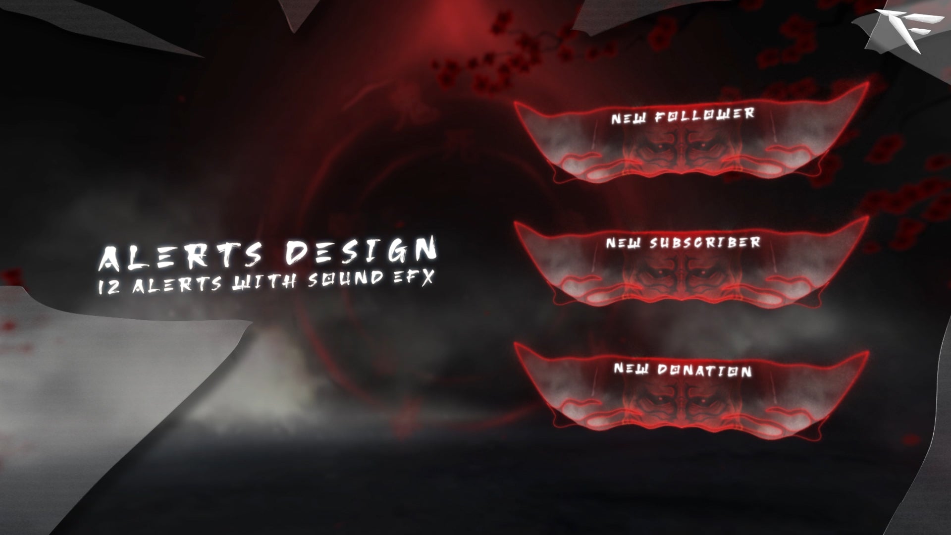 Oni animated alerts – fierce dark red Japanese demon mask effects and glowing particles for Twitch notifications and stream events.