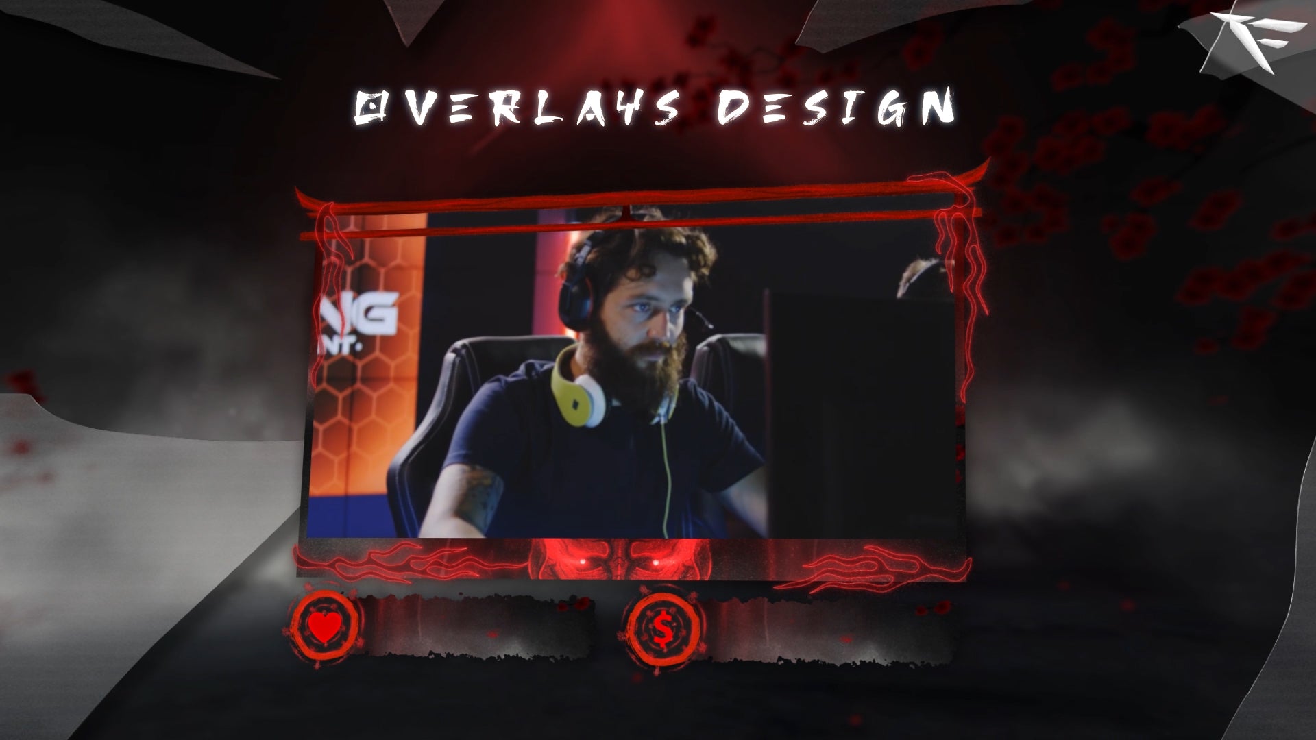 Oni webcam overlay – dark red frame with animated Oni mask details, glowing eyes, and Japanese demon theme for Twitch streamers.