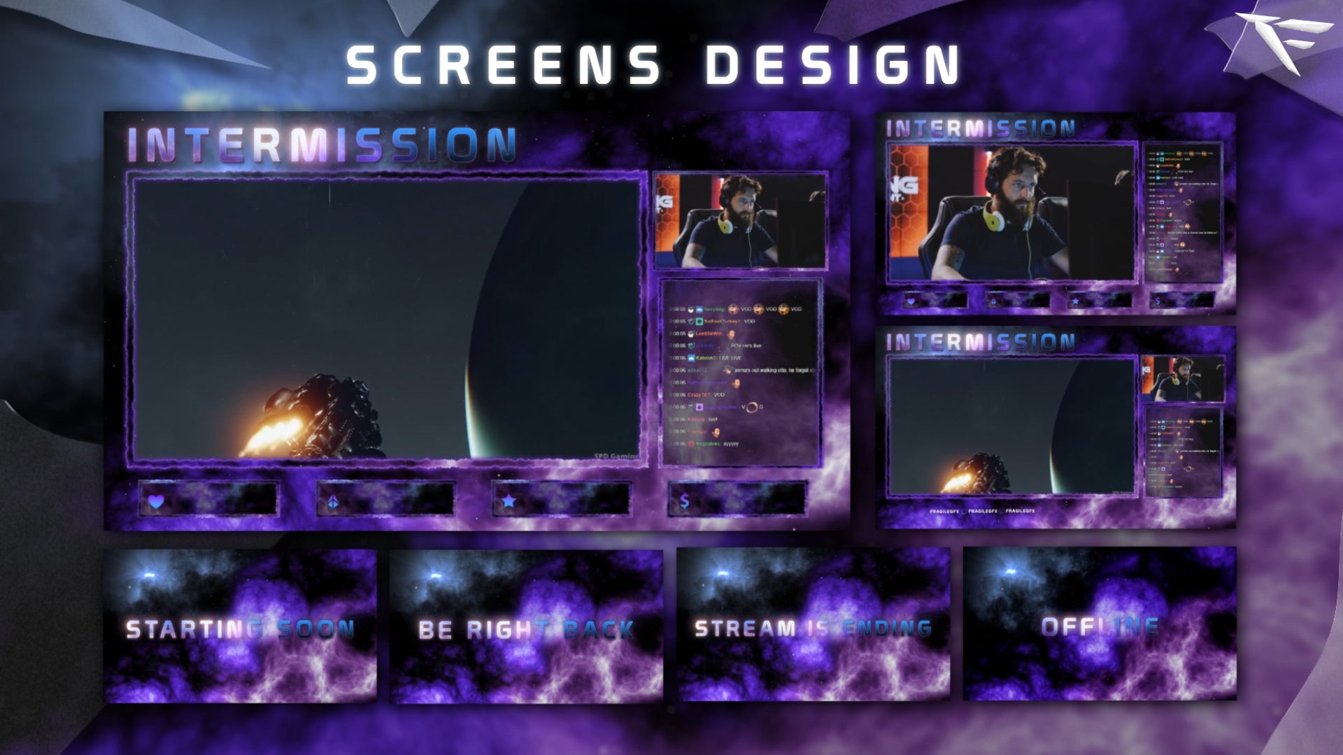 Cosmic Energy Stream Overlay Package featuring animated scenes including Starting Soon, Be Right Back, Stream Ending, and Intermission screens, with glowing purple and blue nebula effects. Includes a dynamic webcam frame, stinger transition, Twitch alert designs, and futuristic overlays compatible with OBS and Streamlabs. Ideal for sci-fi and RPG streamers on Twitch and YouTube.