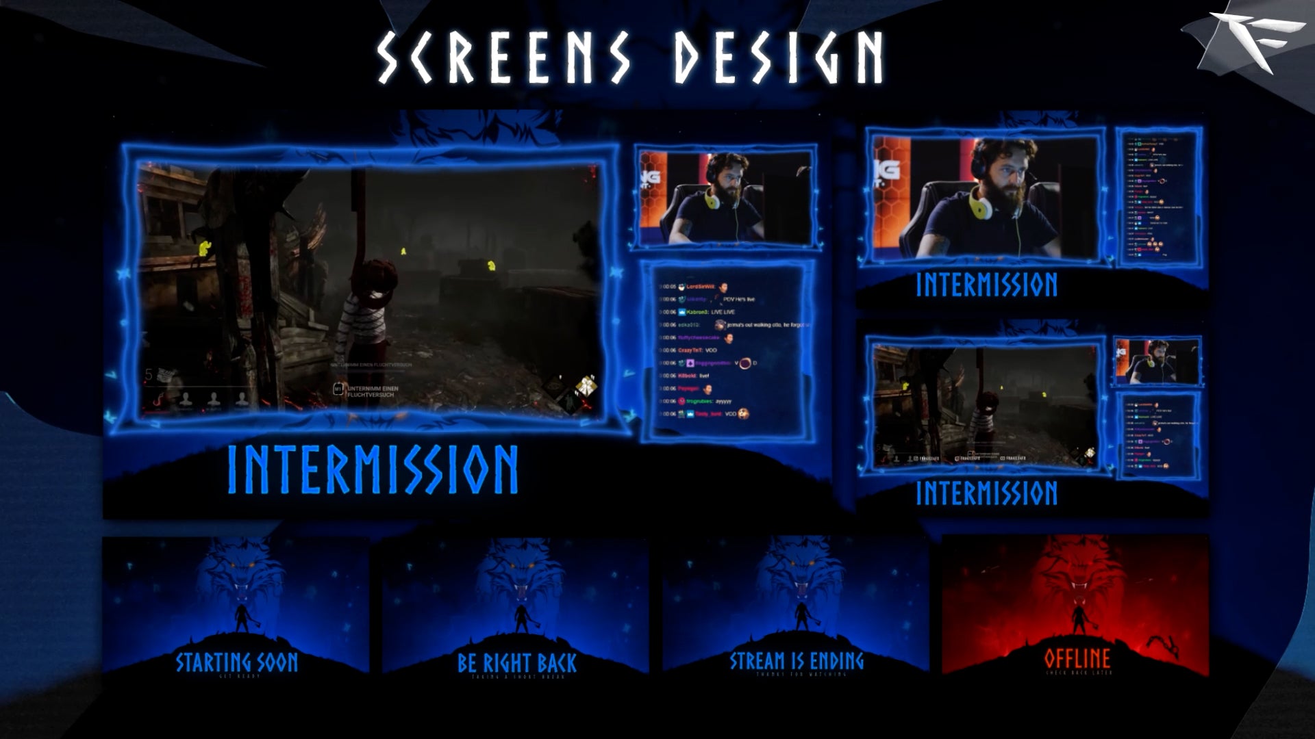 Dark Norse wolf-themed Twitch screens with runic symbols, glowing textures, and cinematic animations for Starting Soon, BRB, Ending, and Offline.