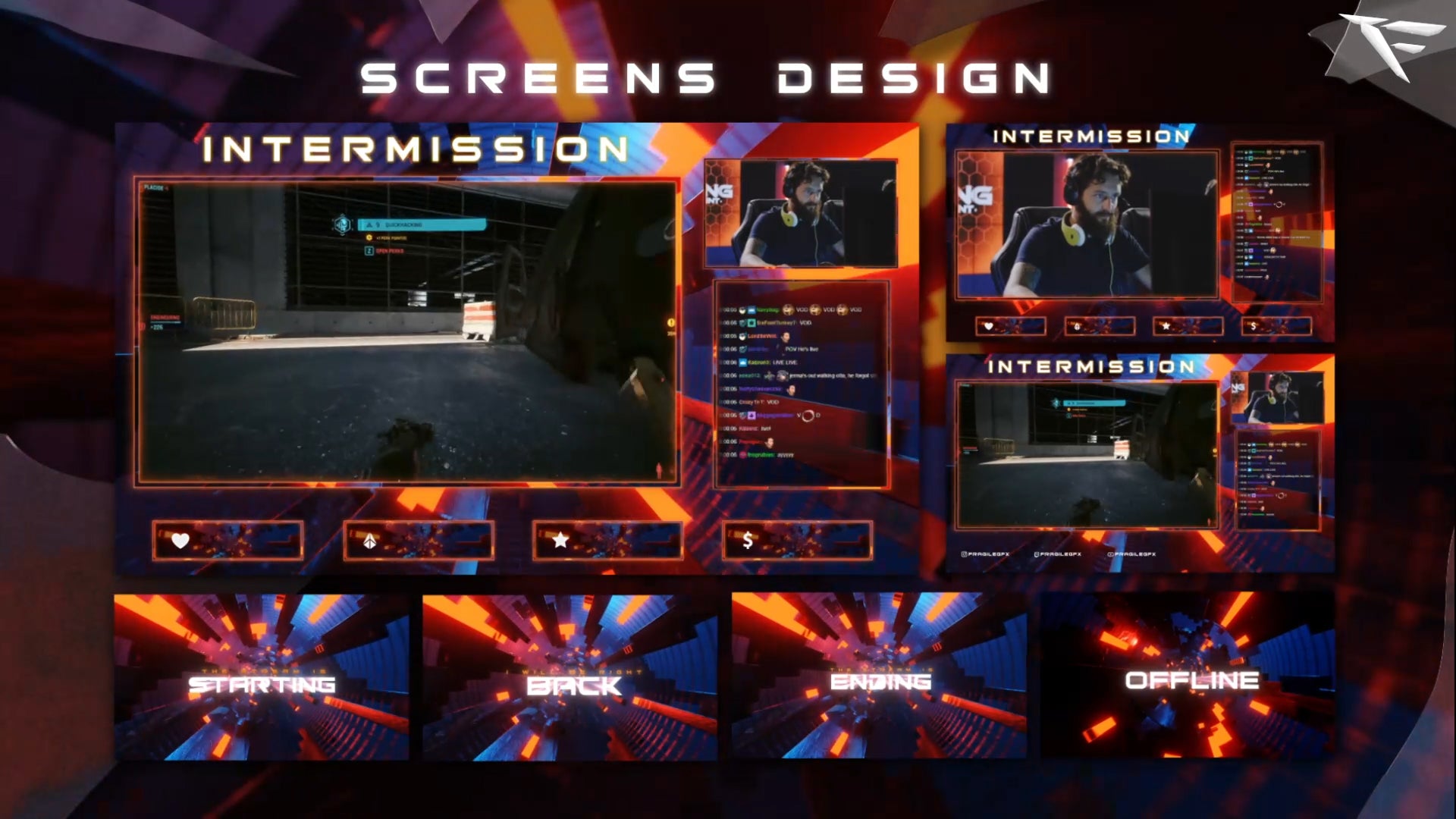 Tunnel Stream Package full preview – includes all animated stream screens: Starting Soon, Be Right Back, Stream Ending, and Offline Scene – futuristic neon tunnel design with glowing orange accents and cyber grid motion for Twitch, OBS, and Streamlabs.