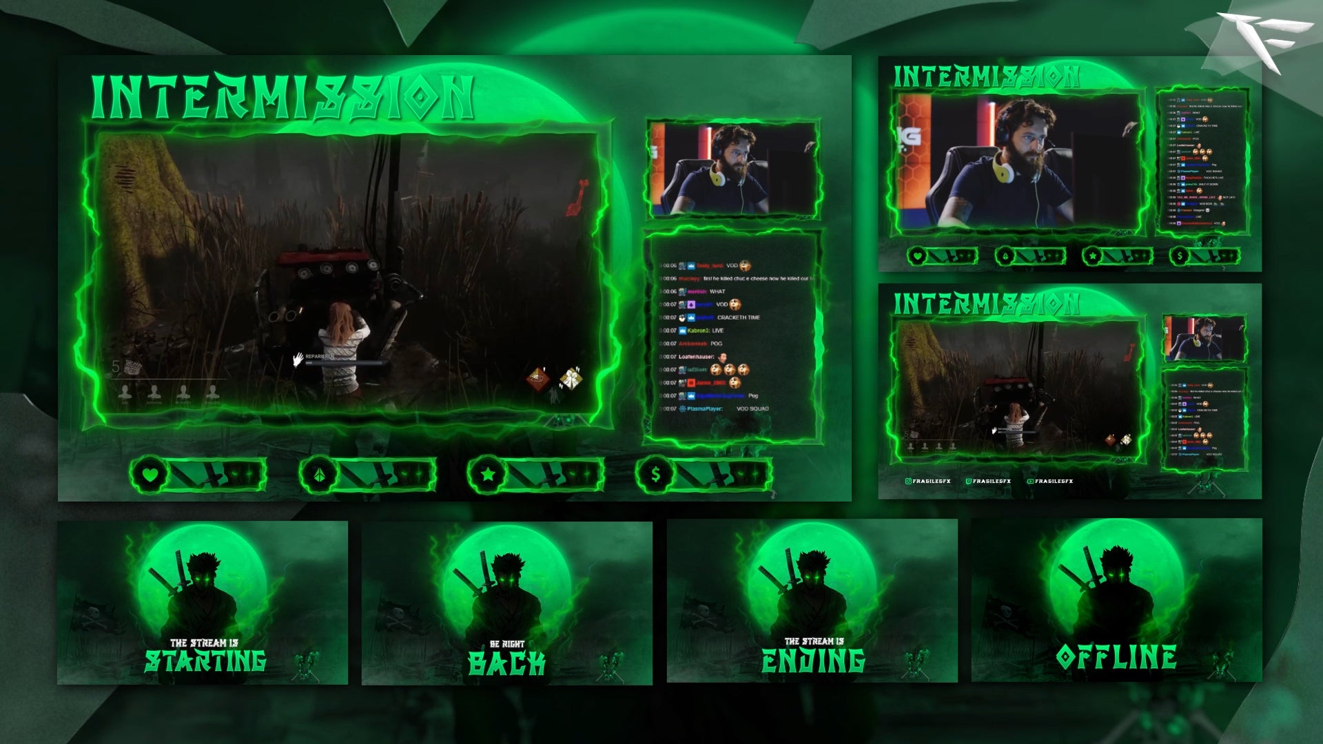“Pirate Hunter Twitch Overlay Package full preview – includes all animated stream screens: Starting Soon, Be Right Back, Stream Ending, and Offline Scene – dark pirate-themed design with glowing green accents for Twitch, OBS, and Streamlabs.”