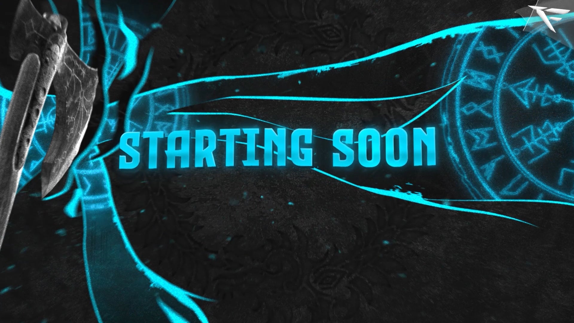 Viking animated stream screens – starting soon, be right back, and offline layouts featuring Norse runes, axes, and rugged northern background design.