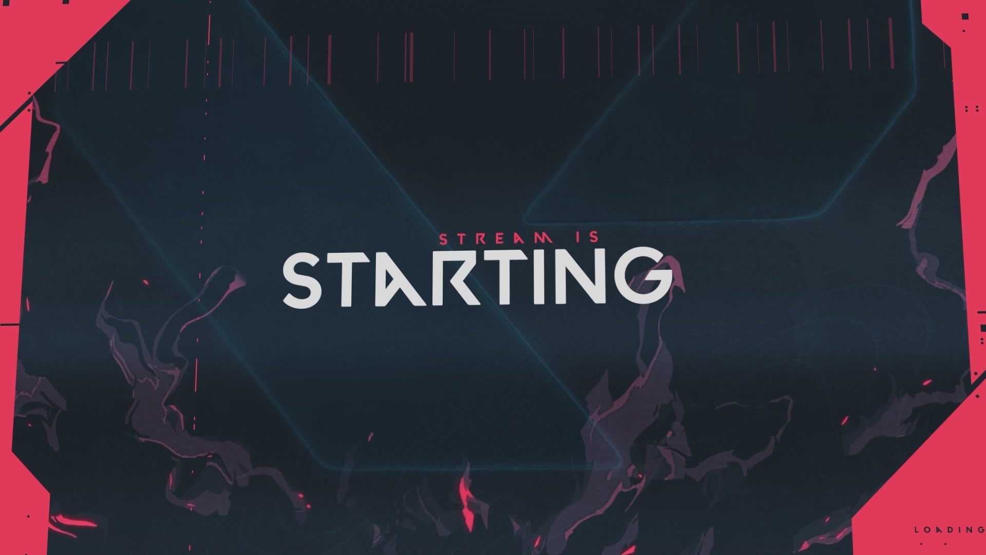 Animated Twitch stream screens (Starting Soon, BRB, Ending, Offline) designed with glitch effects and Valorant-style layouts.