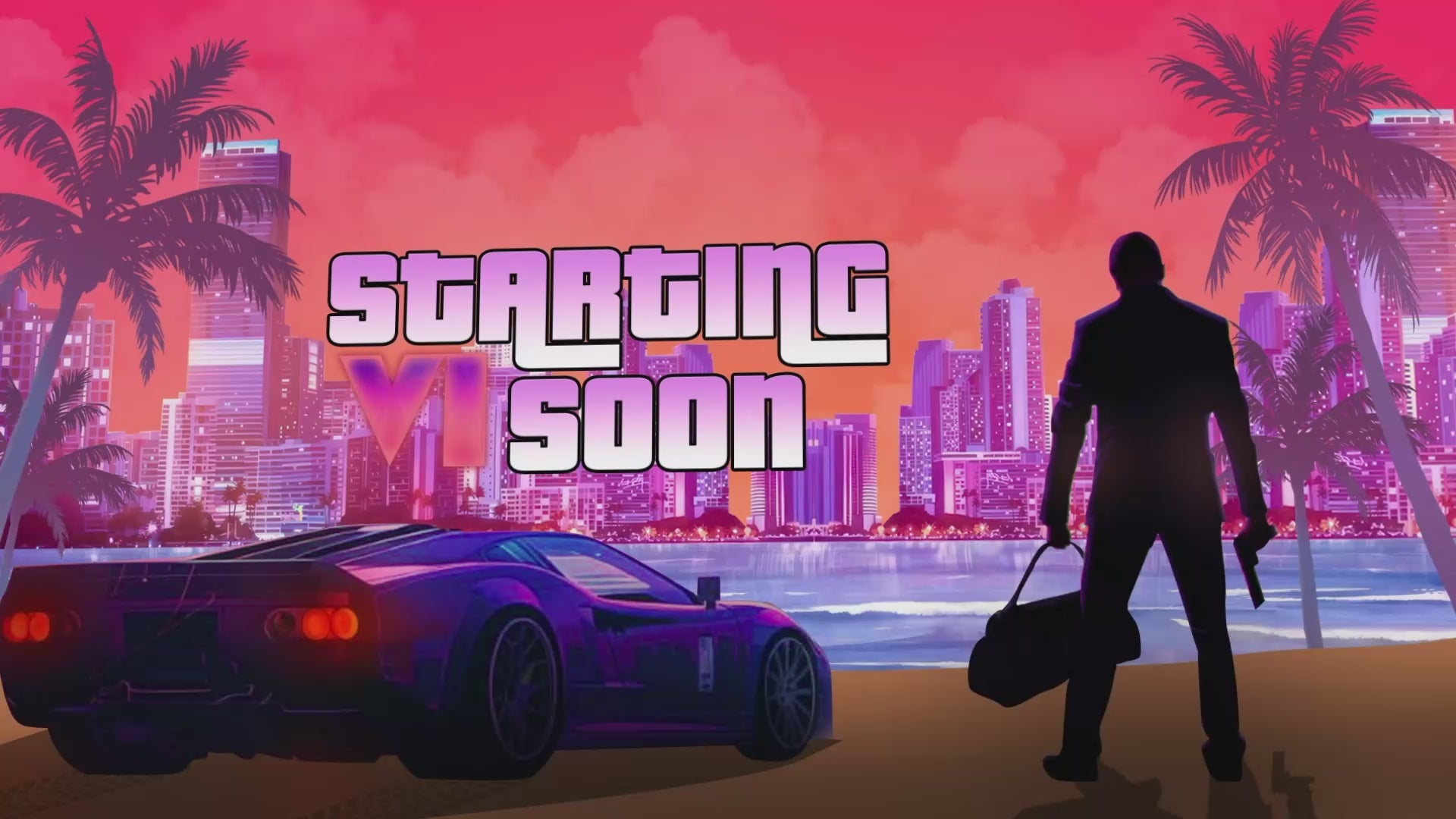 Free Heist Syndicate Twitch Overlay Package for GTA IV – Neon city background with a getaway car and silhouette of a criminal holding a duffel bag and pistol, perfect for OBS and Streamlabs streamers.