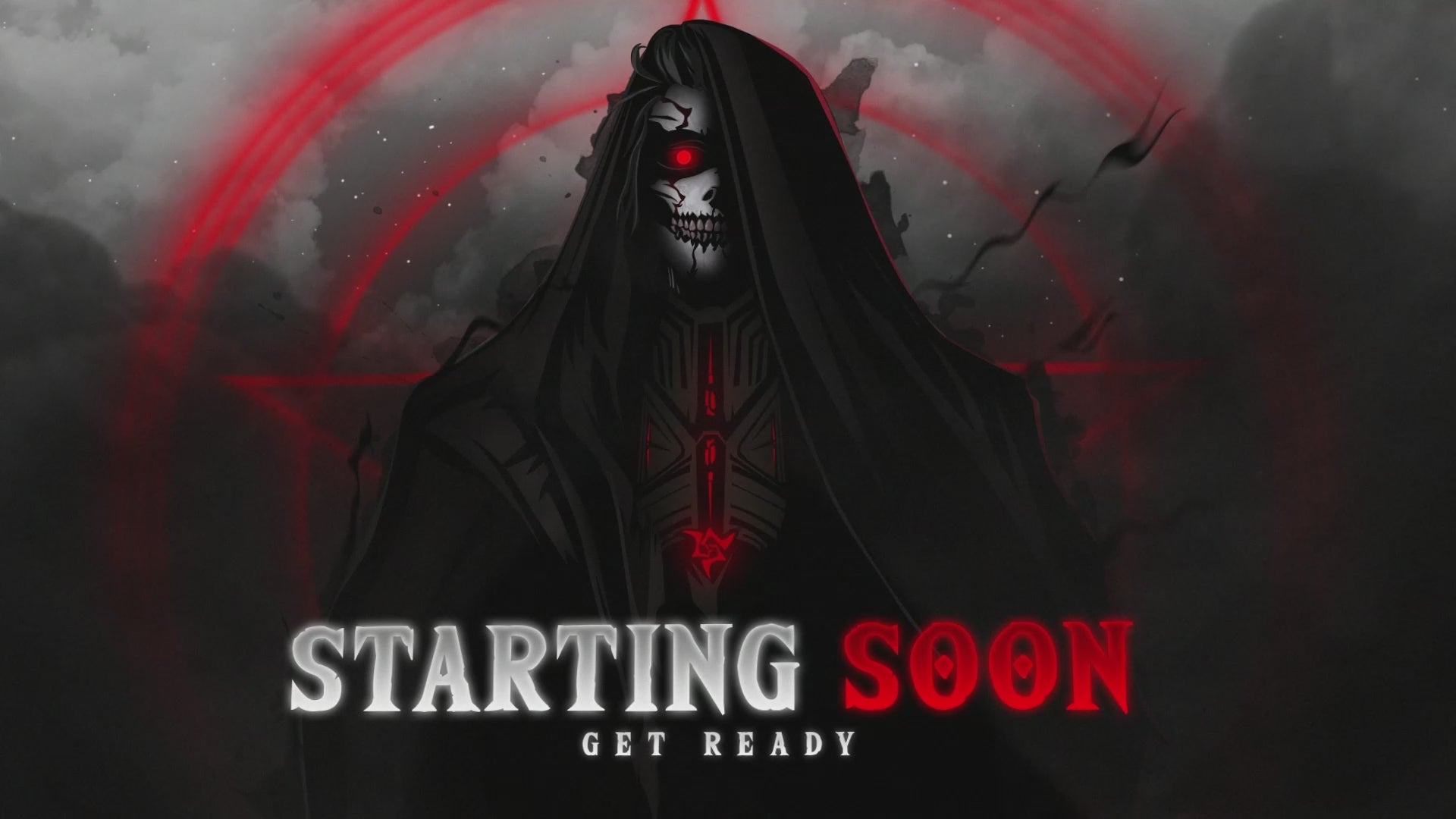The Ghoul Stream Overlay Package showcasing all animated stream screens including Starting Soon, Be Right Back, Intermission, and Stream Ending, along with a horror-themed webcam frame, alert designs, and a red glitch stinger transition. Designed for Twitch and YouTube streamers who play scary games like Dead by Daylight or Phasmophobia. Features blood-red accents, gothic animations, and a dark cinematic aesthetic.