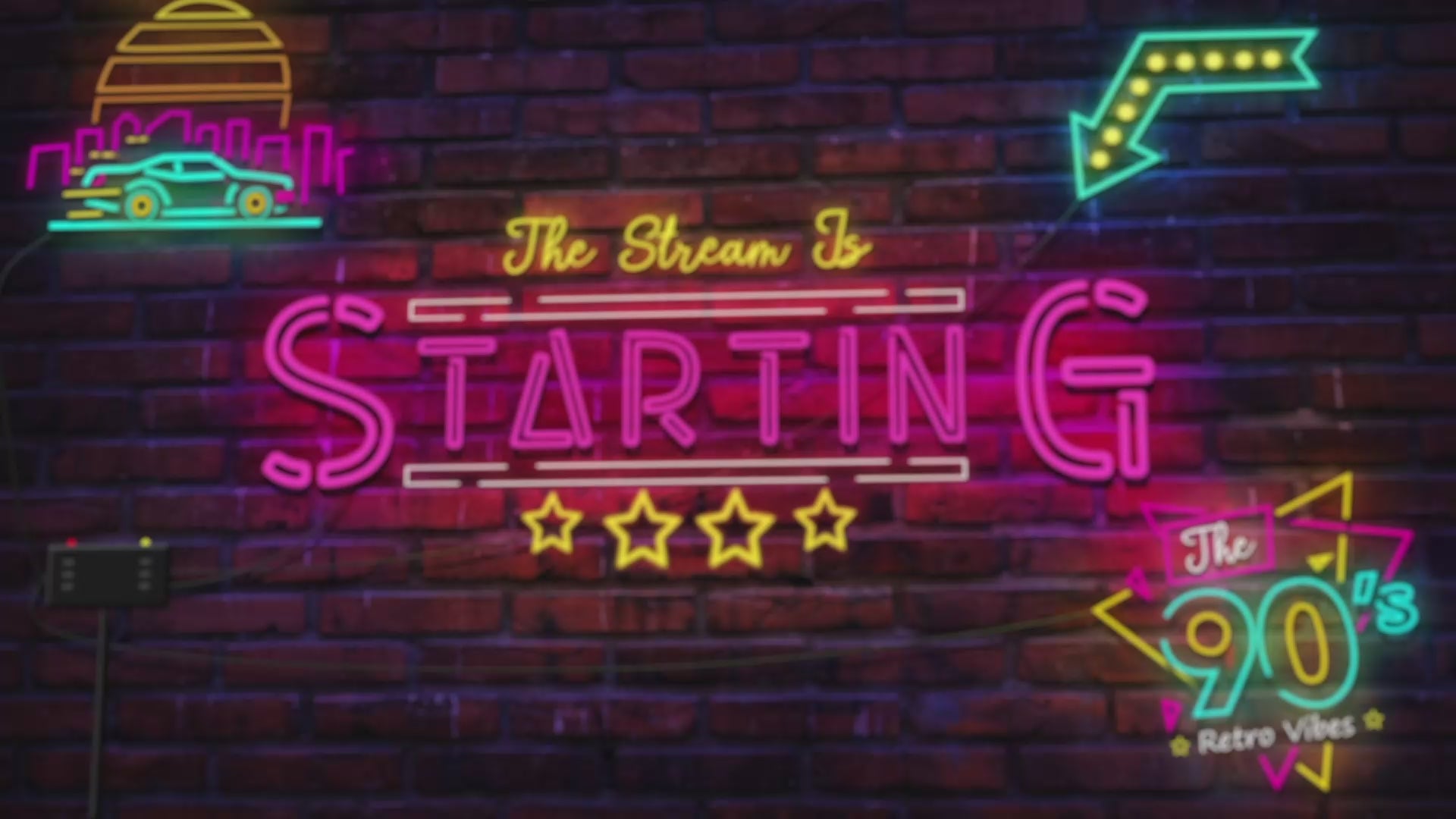 Animated "Stream Starting Soon" screen with neon text and glitch effects from Retro Neon overlay pack