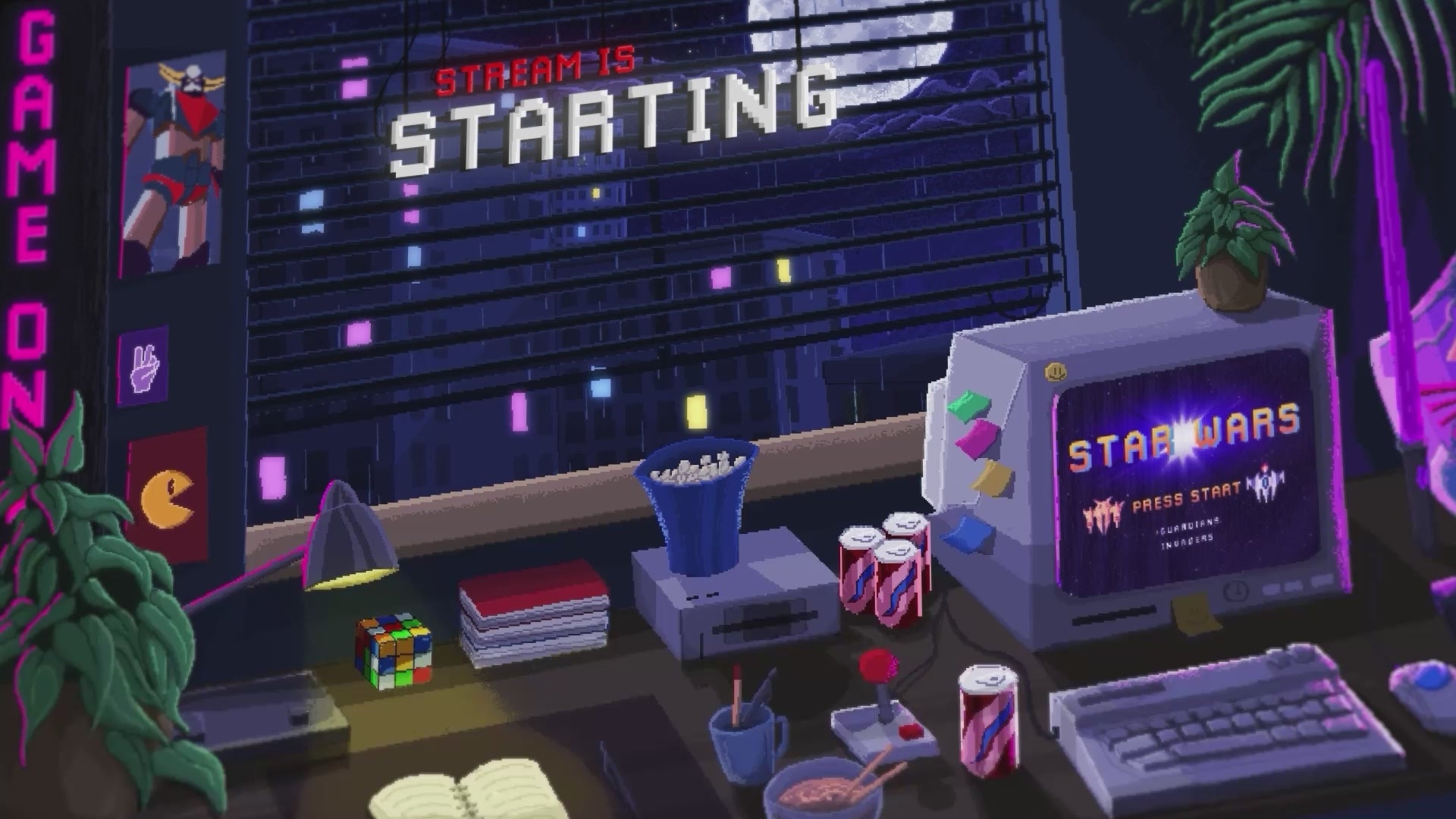 Collection of animated pixel-style Twitch stream screens from the Retro Lofi overlay pack, including 'Starting Soon', 'Be Right Back', 'Stream Ending', 'Intermission', and 'Offline' scenes—designed for OBS with a cozy, vintage pixel art aesthetic