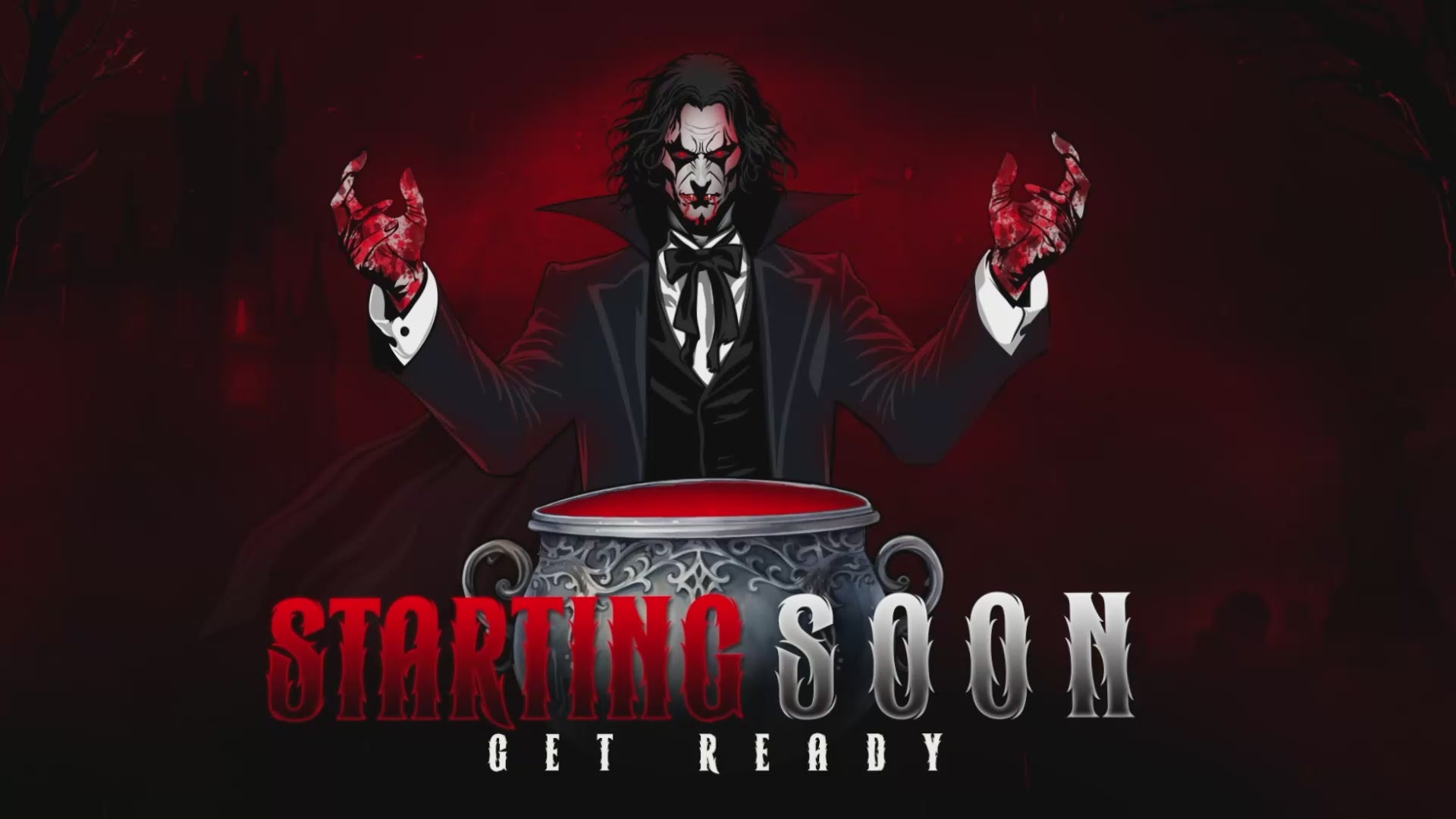 Crimson Vampire Twitch overlay pack with animated stream screens including Starting Soon, Be Right Back, Stream Ending, Offline, and intermission layout — designed in gothic red and black style for OBS and Streamlabs