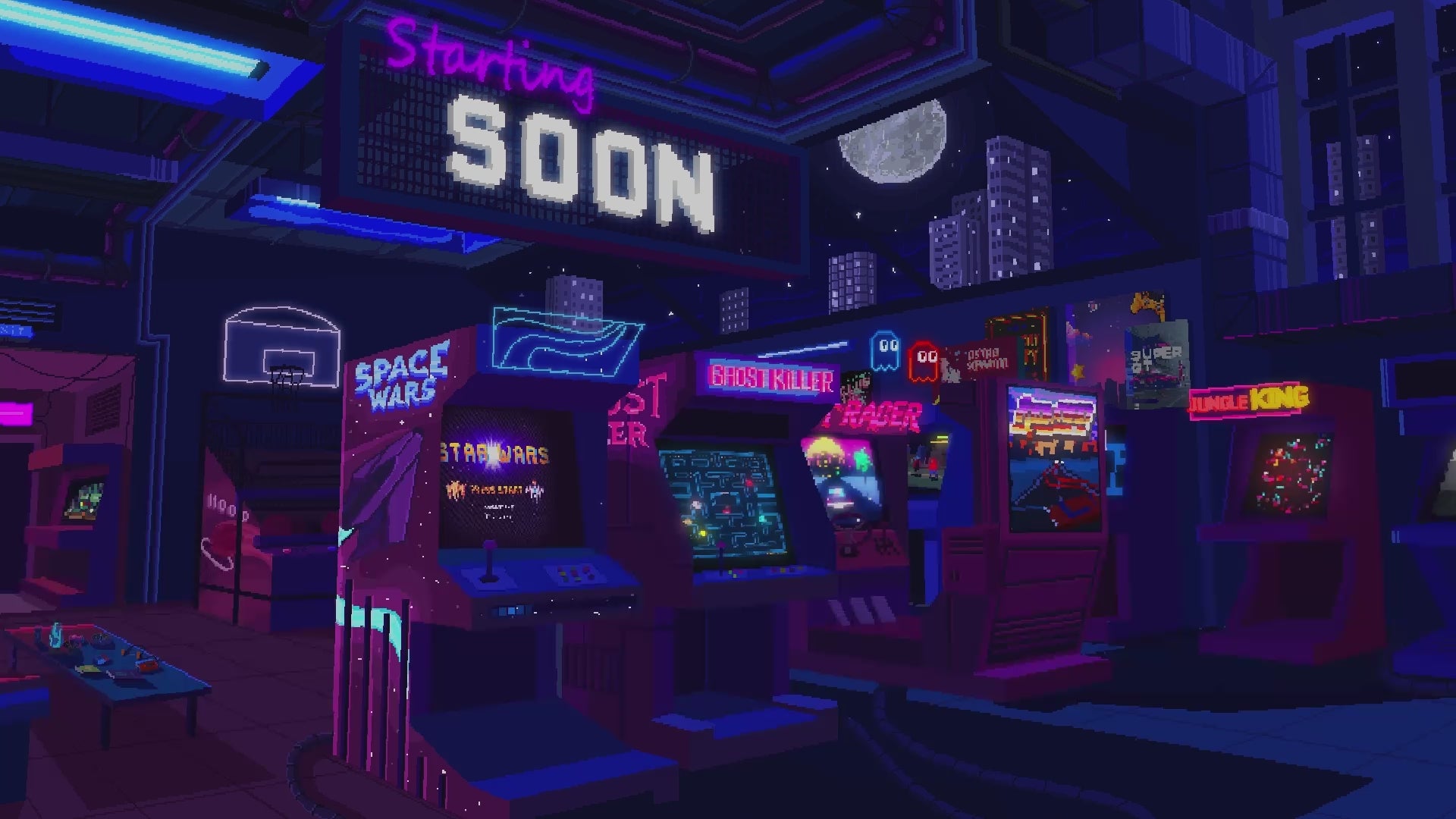 Pixel art style animated intermission, chatting and Stream screens with glowing retro signs and arcade vibes from Retro Arcade Twitch overlay pack