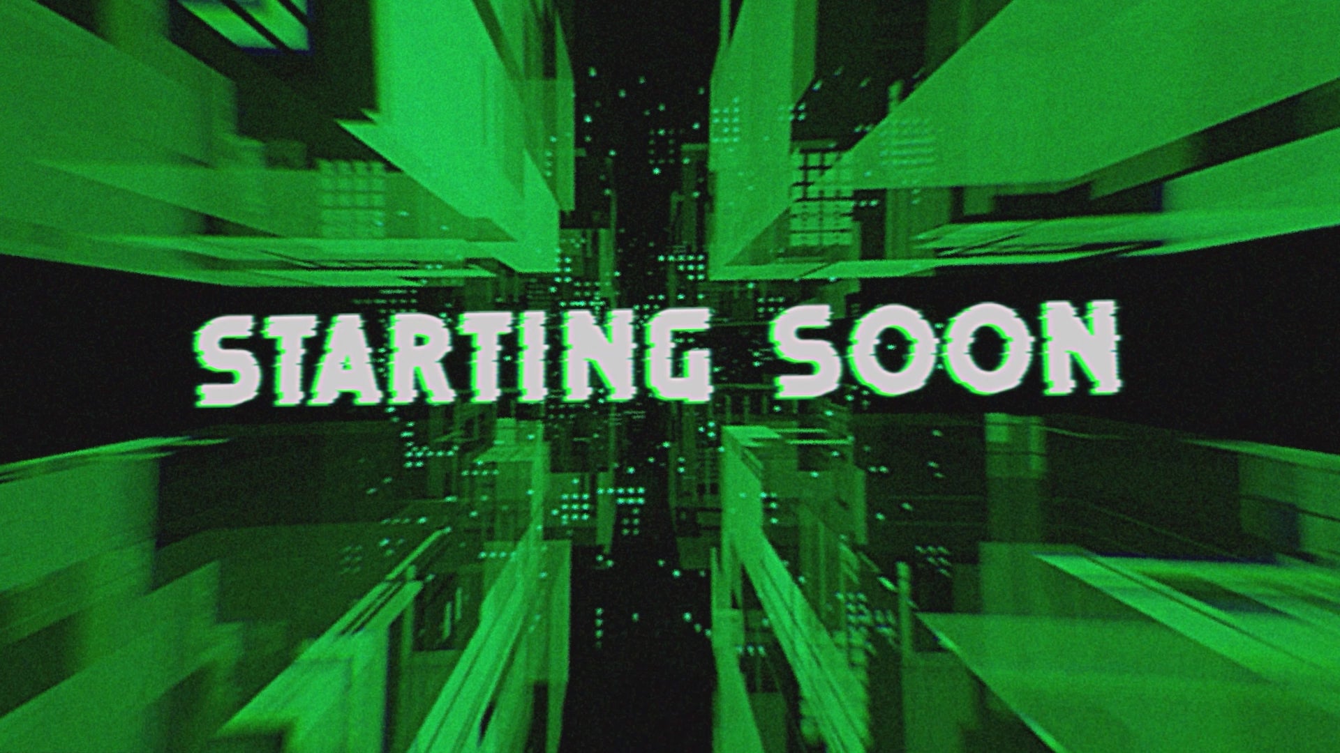 Cyber Attack Stream Overlay Package with neon green glitch effects, animated scenes including Starting Soon, BRB, Ending, and Intermission screens, plus webcam frame, alert designs, stinger transition, and hacking-inspired overlays. Ideal for Twitch and YouTube streamers focused on tech, FPS, or sci-fi games.