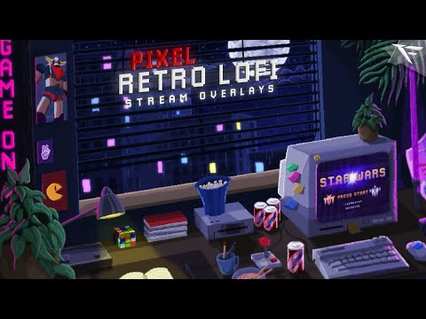Pixel Retro Lofi Twitch Overlay package preview – animated stream screens, webcam frame, and overlays for OBS with cozy, vintage aesthetic