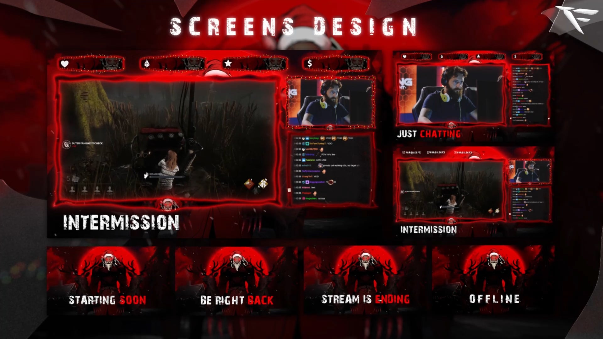 Santa Claws Horror Twitch Overlay Package full preview â includes all animated stream screens: Starting Soon, Be Right Back, Stream Ending, and Offline Scene â dark Christmas horror design with red lighting, snow effects, and creepy Santa claws for Twitch, OBS, and Streamlabs.