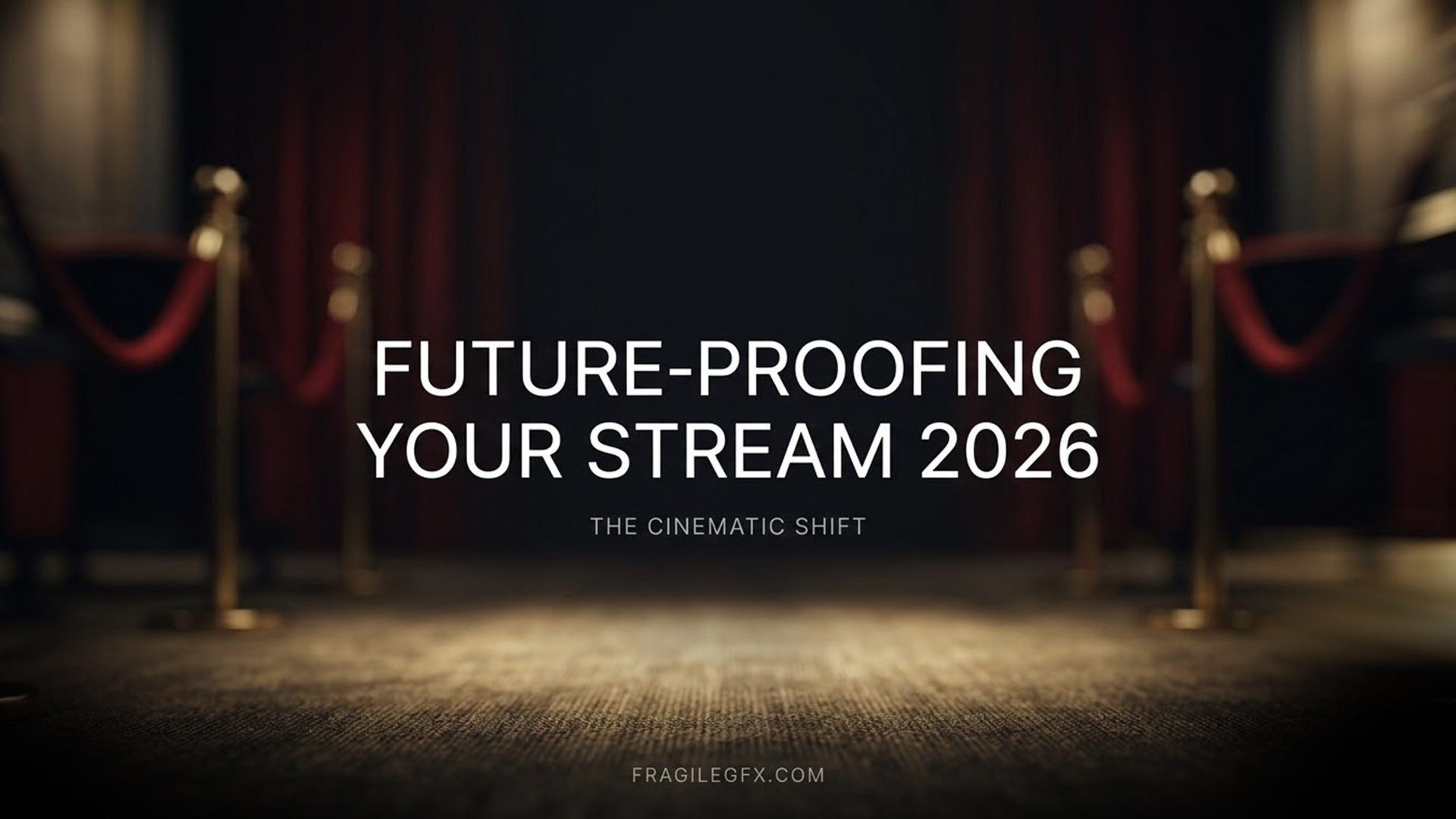 Cinematic and minimalist stream layout for 2026, featuring sleek white stacked typography centered over a soft blurred deep charcoal