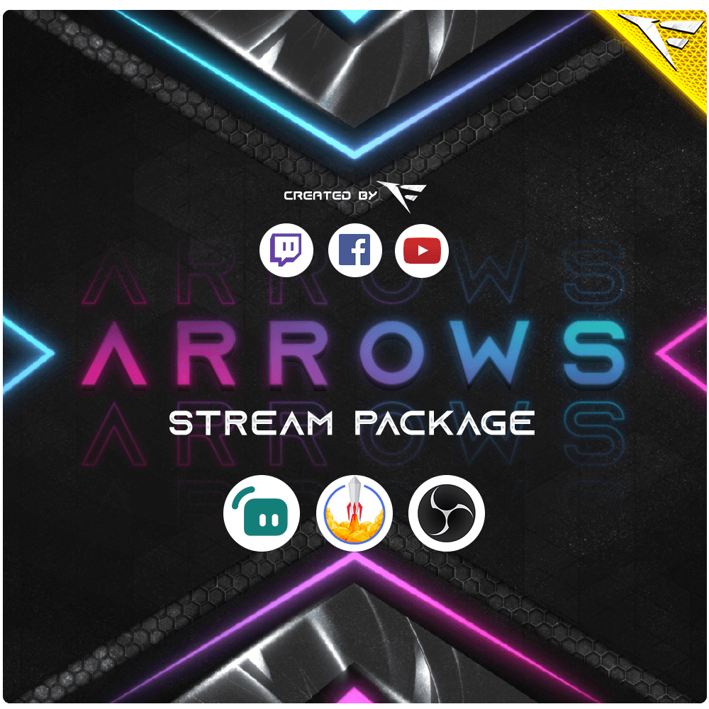 A bold and dynamic Twitch overlay package titled 'Arrows Package' featuring sleek, futuristic arrow motifs in neon colors. The design showcases customizable Stream Starting, BRB, Ending, and Intermission screens, each animated with directional arrows to guide viewer attention. Alert widgets and labels are sharp-edged with arrow-inspired borders, and webcam frames echo the energetic angular aesthetic. The color scheme blends high-contrast tones like electric blue, neon red, and cyber green, giving it a compe