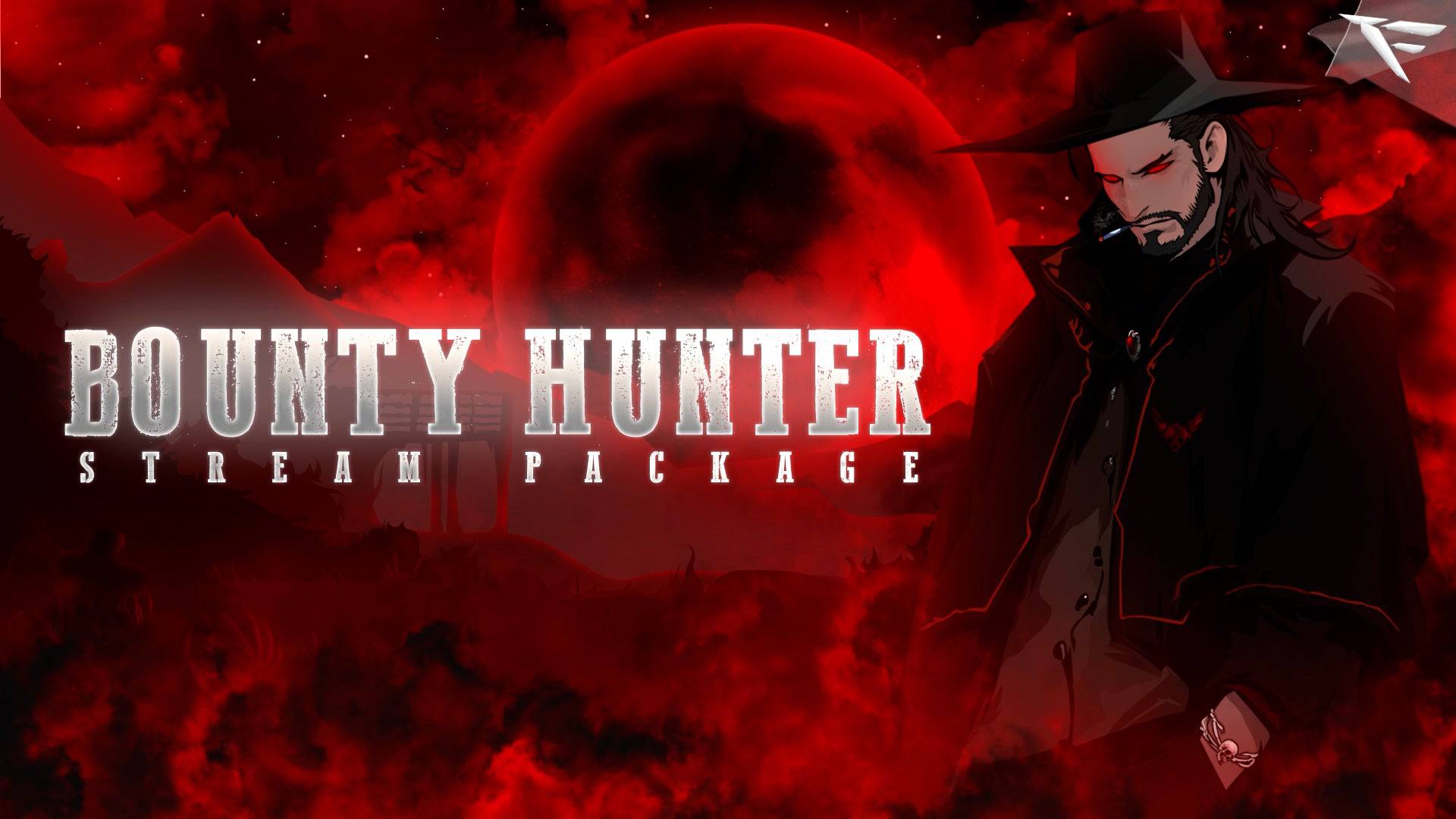 Bounty Hunter Twitch overlay package thumbnail featuring rugged dark-anime western aesthetics, red & black tones and cinematic stream design by FragileGFX.