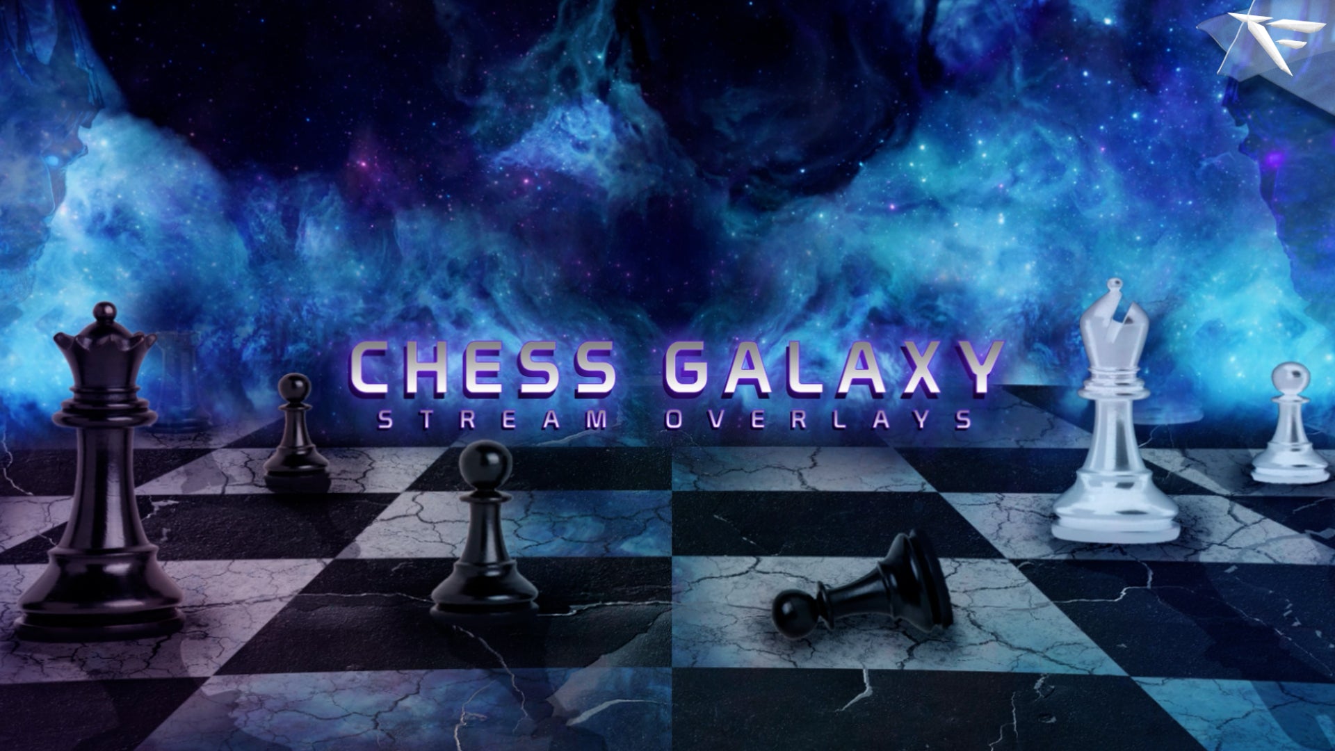 Chess Galaxy Stream Package thumbnail – futuristic chessboard and galactic starfield themed overlay set for Twitch, with glowing pieces, cosmic space background and stylish broadcast elements.