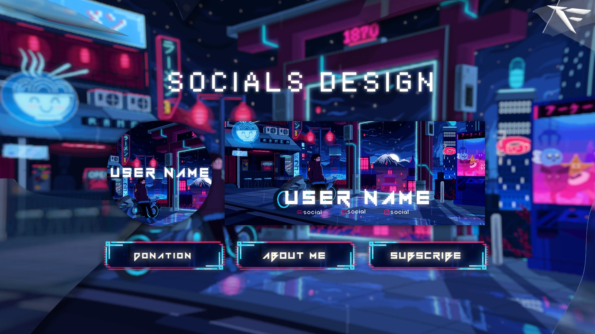 Pixel Cyber Japan Twitch panels – pixel art neon panels with Japanese-inspired icons and glowing cyberpunk designs for stream channel layout.