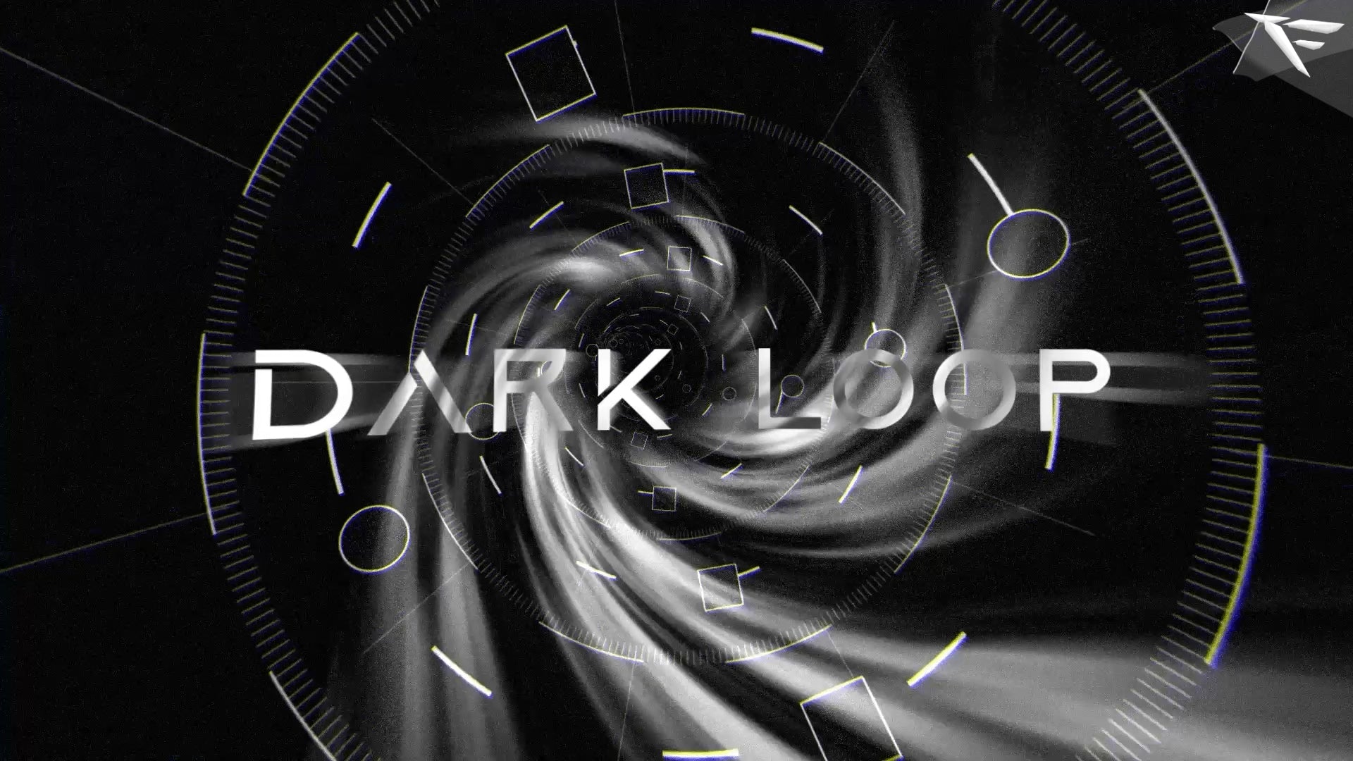 Dark Loop Twitch Overlay Pack – futuristic dark spiral design with motion blur, glowing HUD elements, and abstract sci-fi tunnel animation.