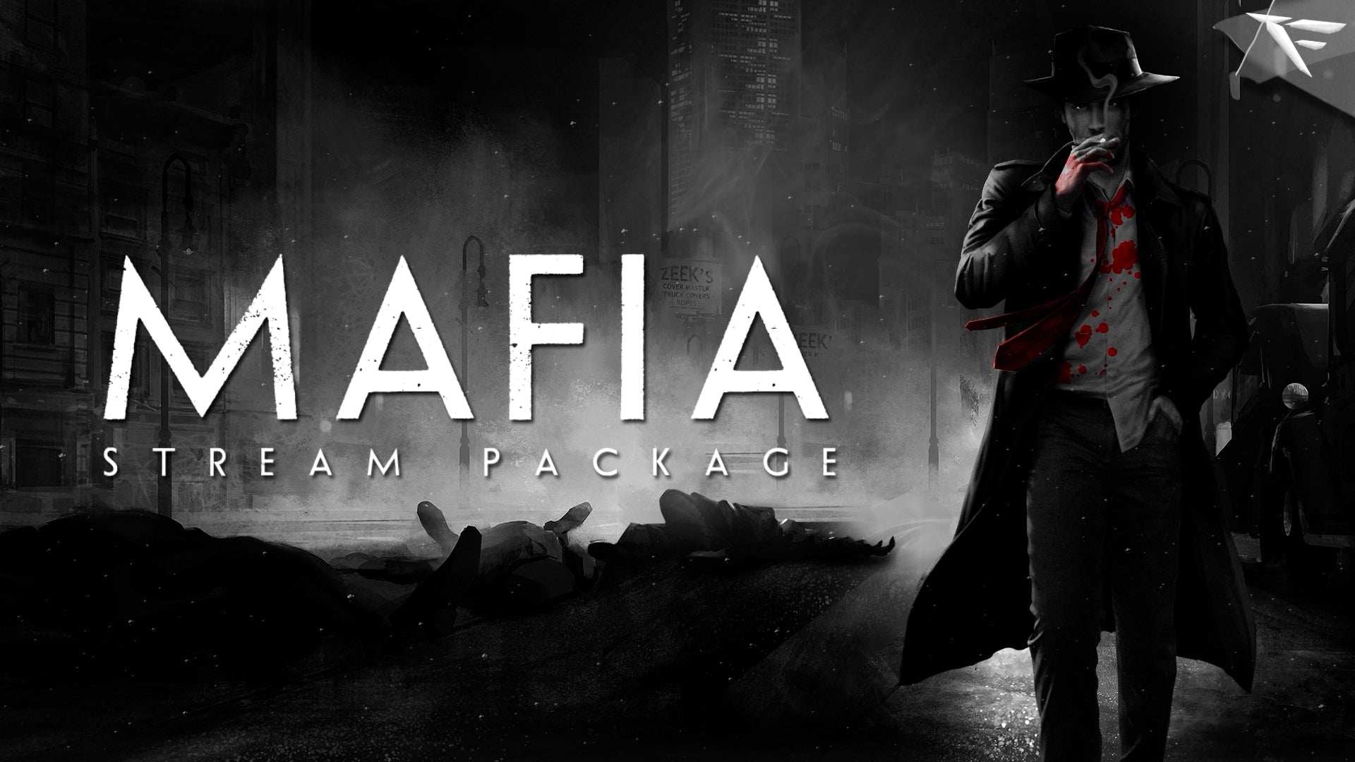 “Mafia Stream Package full preview thumbnail – cinematic black & white mafia-boss style Twitch overlay set with bold red accents, showing animated screens, alerts, panels & webcam frame for OBS/Streamlabs.”