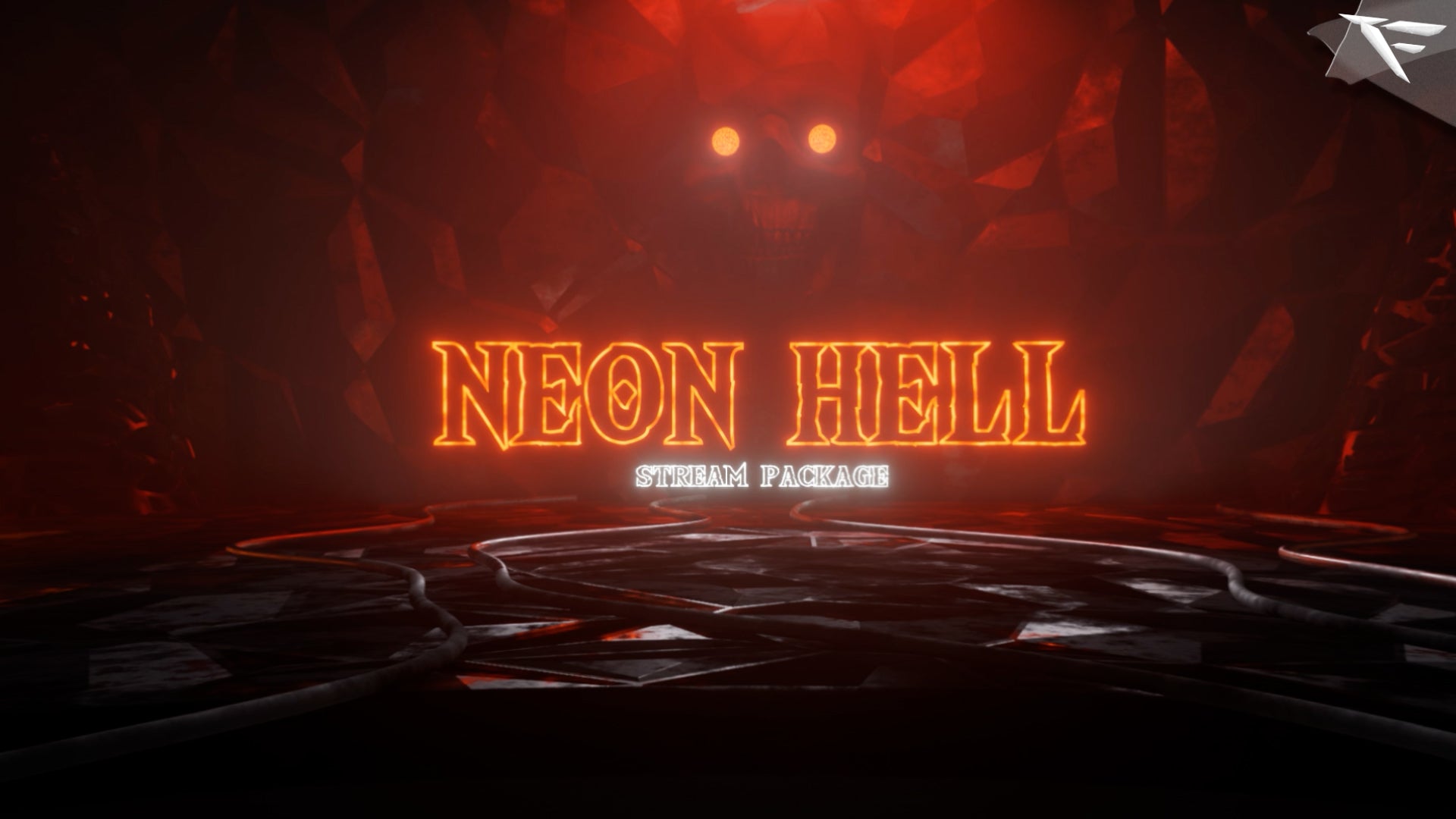 Neon Hell Stream Package thumbnail – fiery neon skull, blazing hell-gates and vivid red-orange neon glow with intense dark atmosphere – ultimate Twitch overlay set for OBS & Streamlabs.