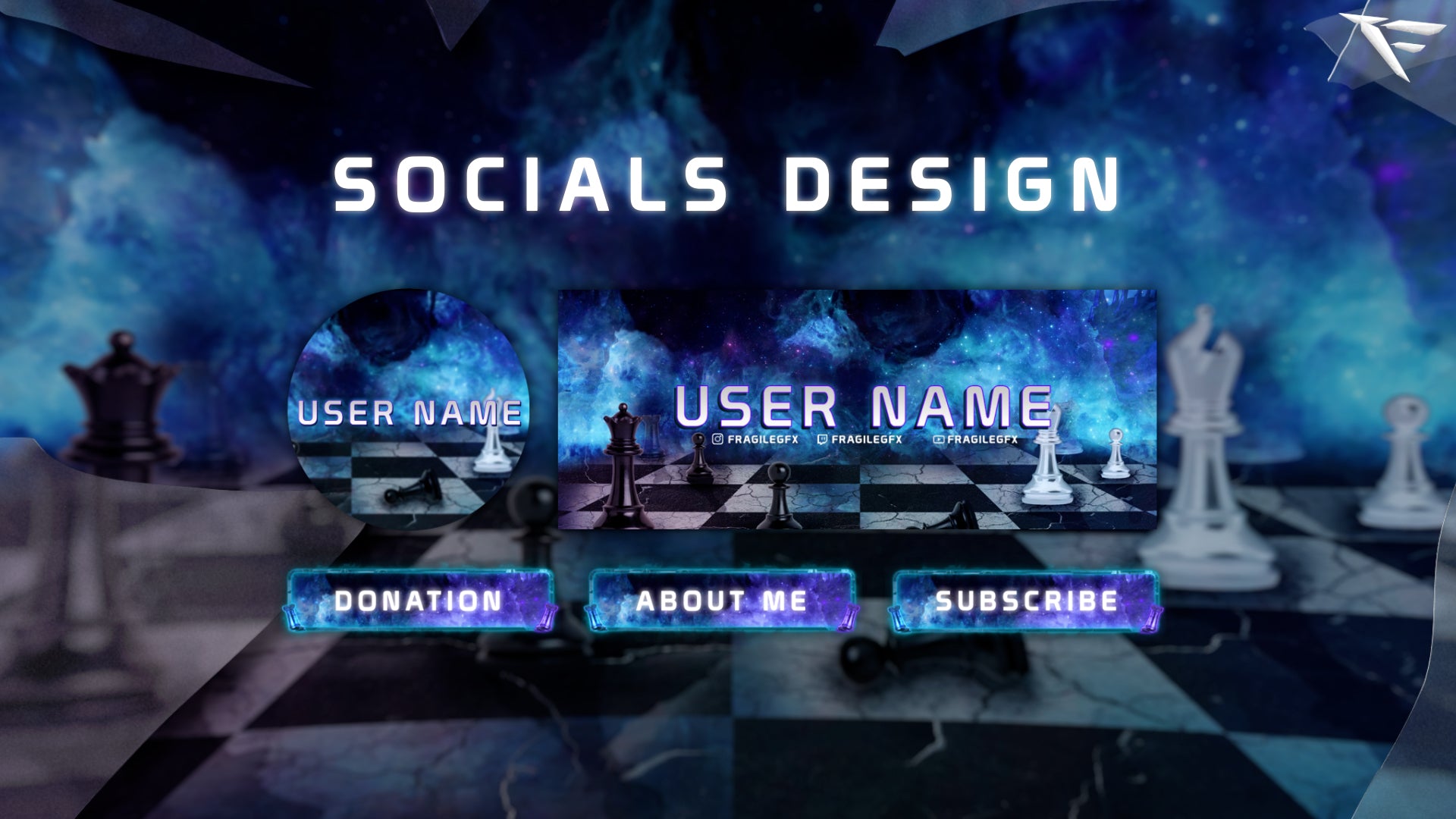 Chess Galaxy Twitch Panels – custom info panels with futuristic chessboard and galaxy design, featuring About, Rules, Schedule, Donate, and Socials sections for Twitch streamers using OBS and Streamlabs.