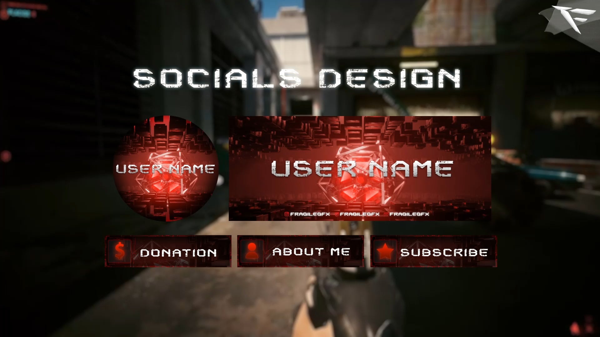 Social media design interface with user name placeholders and options on a blurred background.