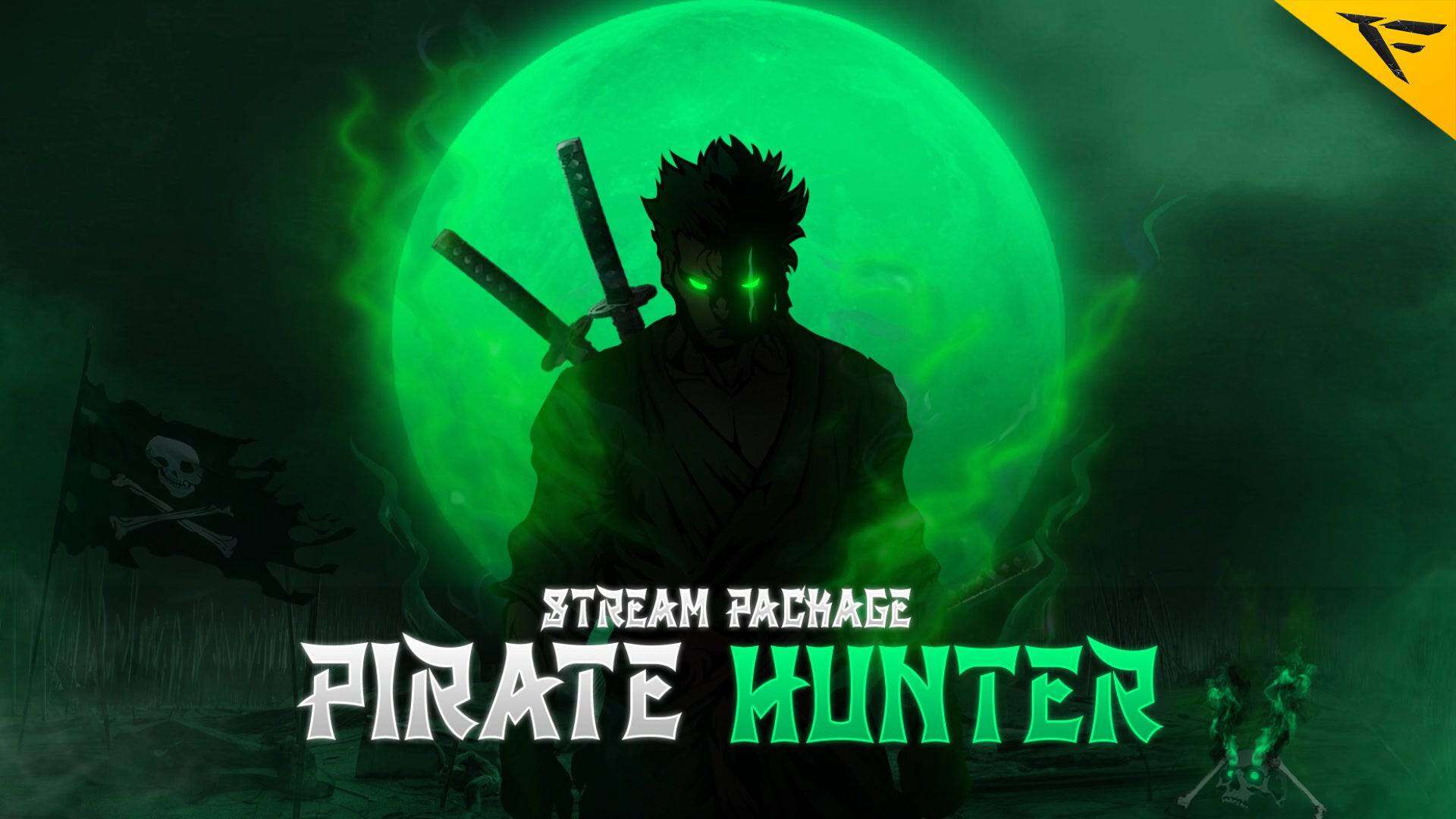 Dark anime Twitch overlay featuring a green glowing swordsman with dual katanas under a full moon – Pirate Hunter stream package inspired by One Piece style