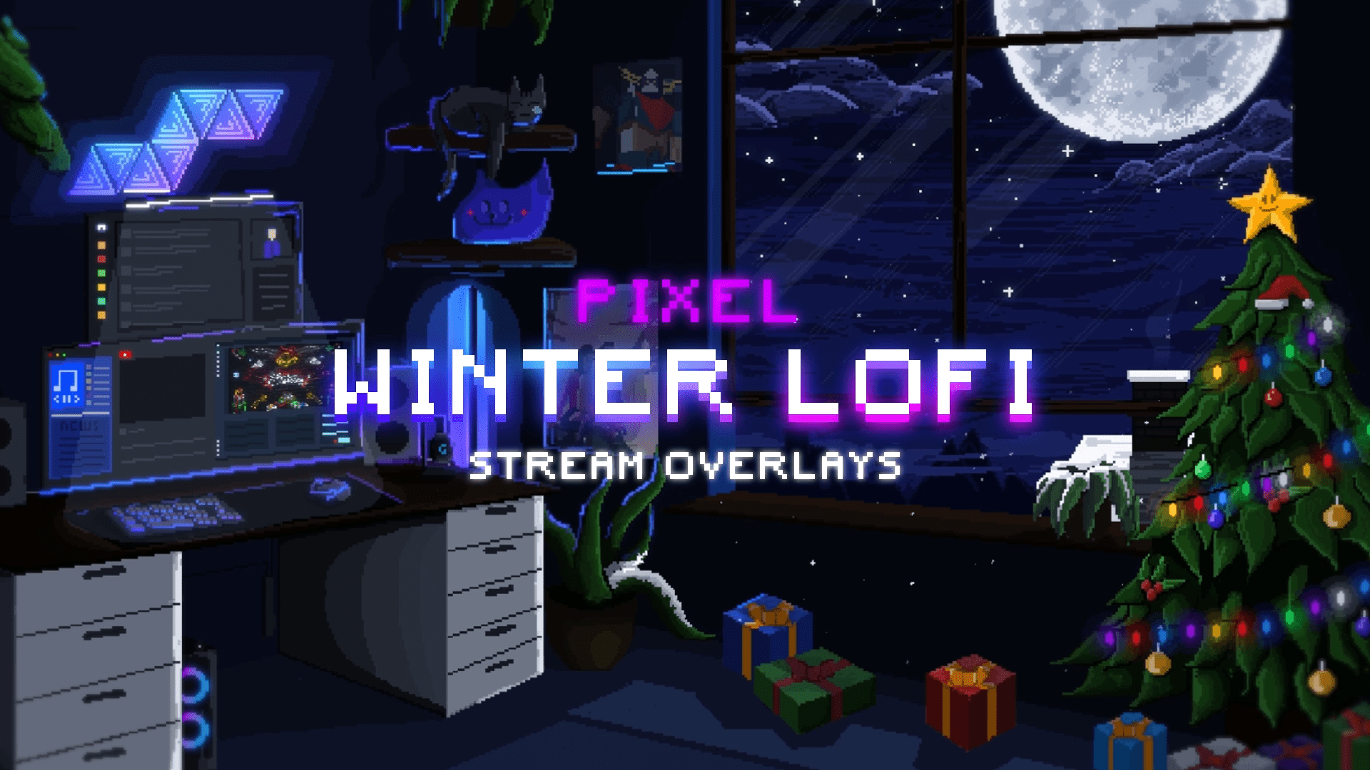 Pixel Winter Lofi Twitch Overlay Pack – cozy pixel art streaming design with window view, falling snow, moonlight, and soft lofi winter vibes.
