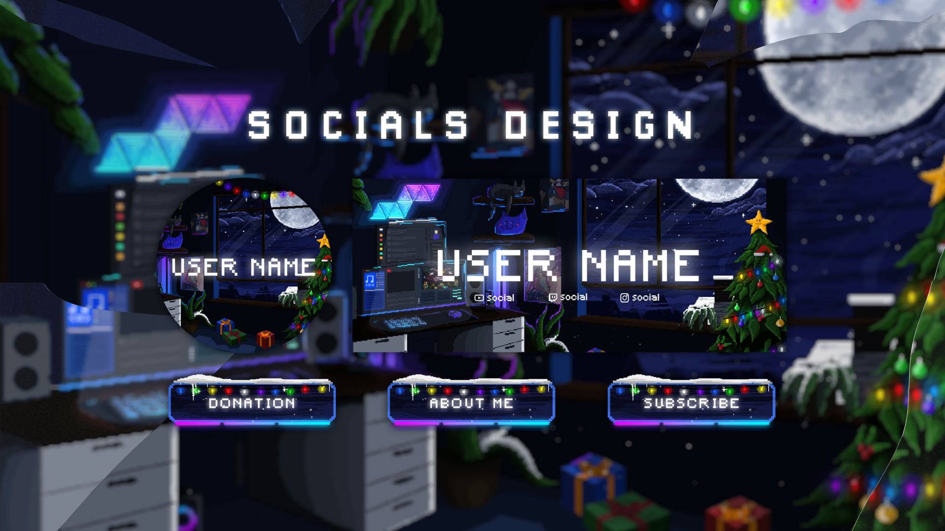 Pixel Winter Lofi Twitch panels – matching pixel art design with snow, moonlight, and warm cozy colors for channel sections and profile layout.