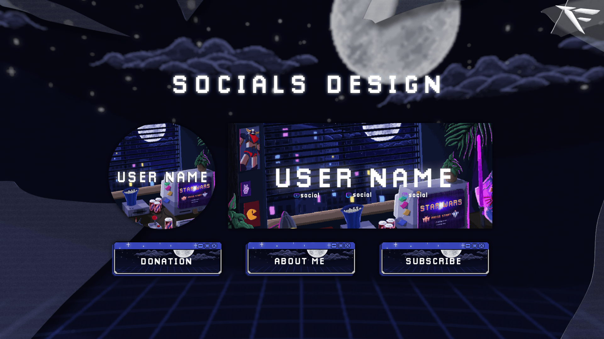 Set of static overlay panels from the Retro Lofi Twitch overlays, providing a cohesive retro design for OBS streams