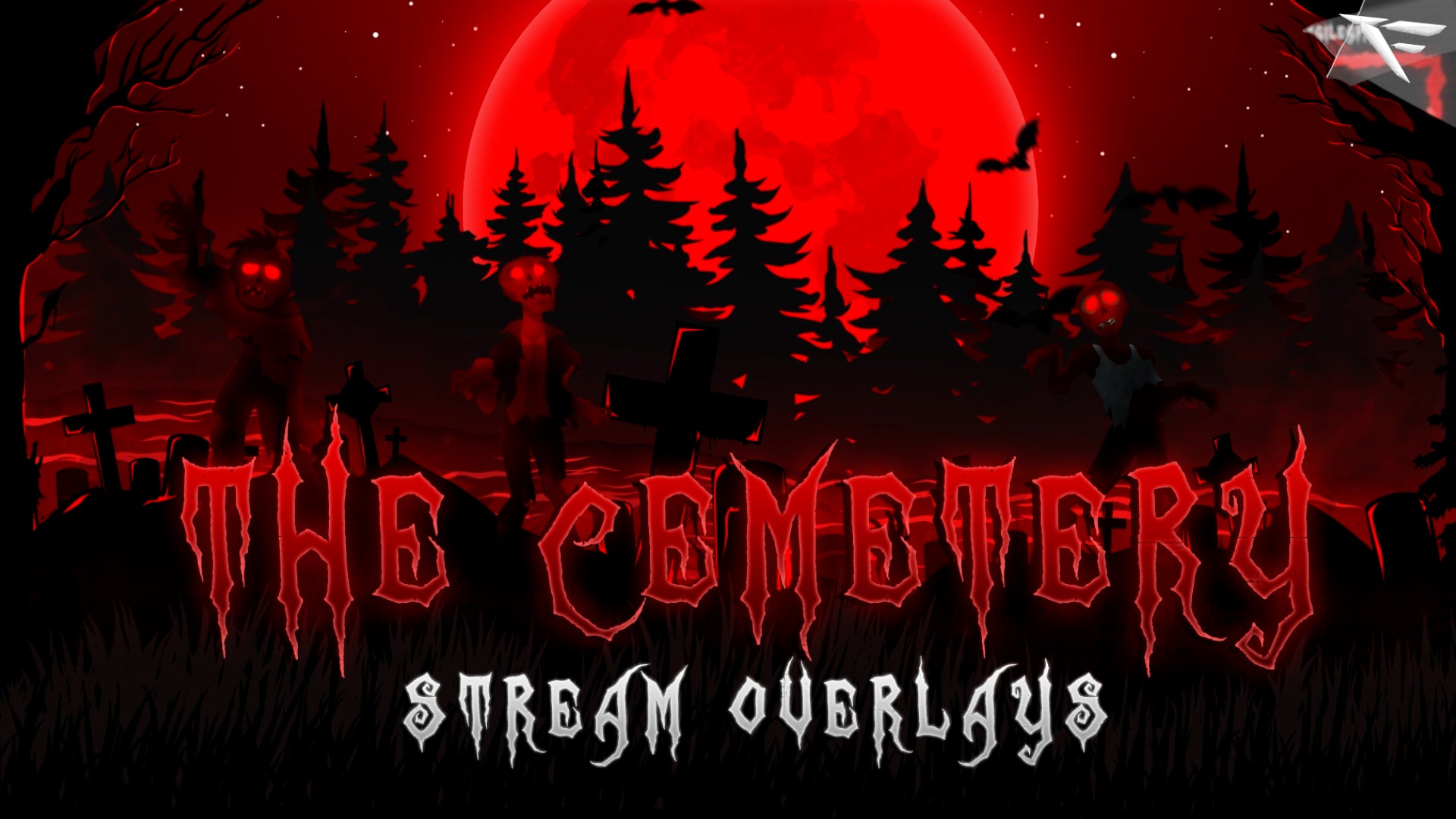 The Cemetery Horror Twitch Overlay Package thumbnail – eerie graveyard stream setup with blood-red visuals, graveyard silhouettes and ghostly atmosphere for Twitch, OBS & Streamlabs.

