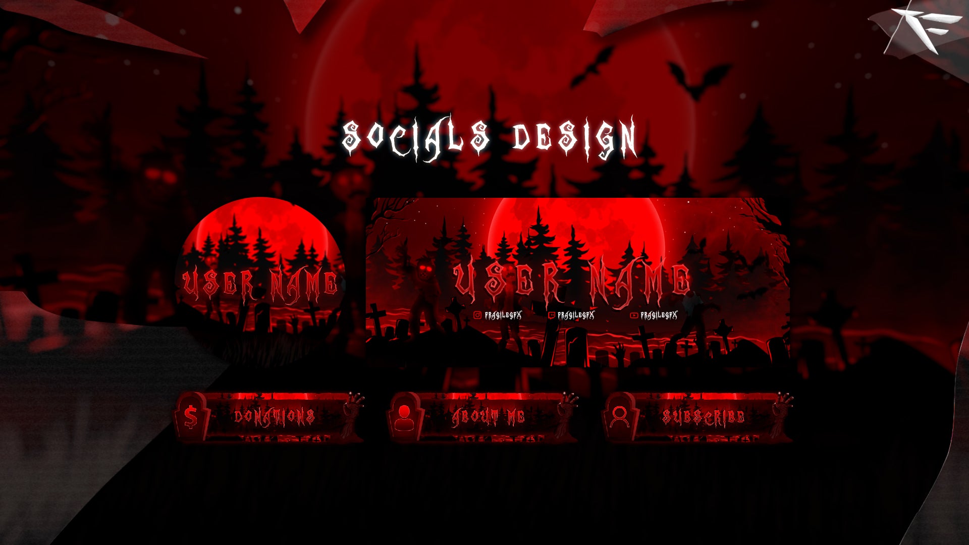 The Cemetery Horror Twitch Panels – custom graveyard-themed info panels with blood-red and eerie accents, including About, Rules, Schedule, Donate, and Socials sections for Twitch streamers using OBS and Streamlabs.