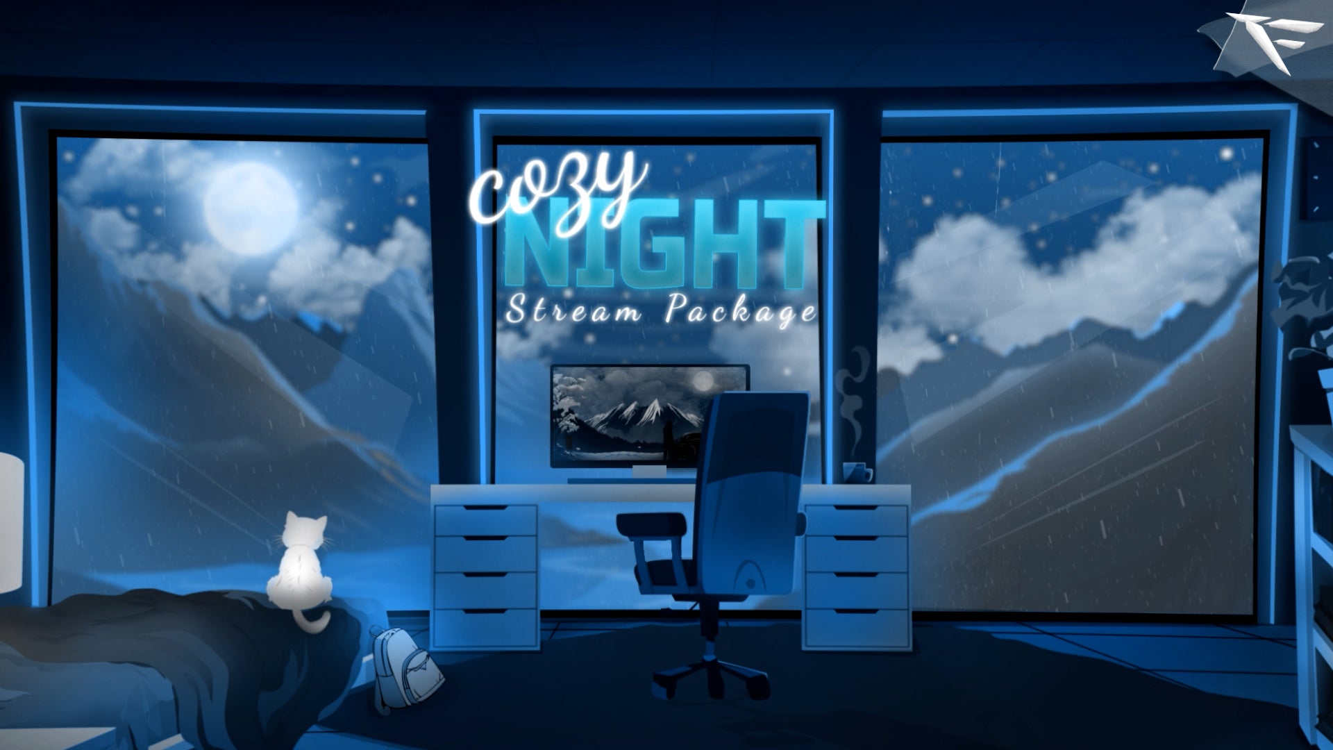 “Cozy Night Twitch Overlay Package thumbnail featuring warm, cozy lighting with chill night vibes — includes animated scenes, webcam frame, and Twitch panels designed for relaxed late-night streaming.”