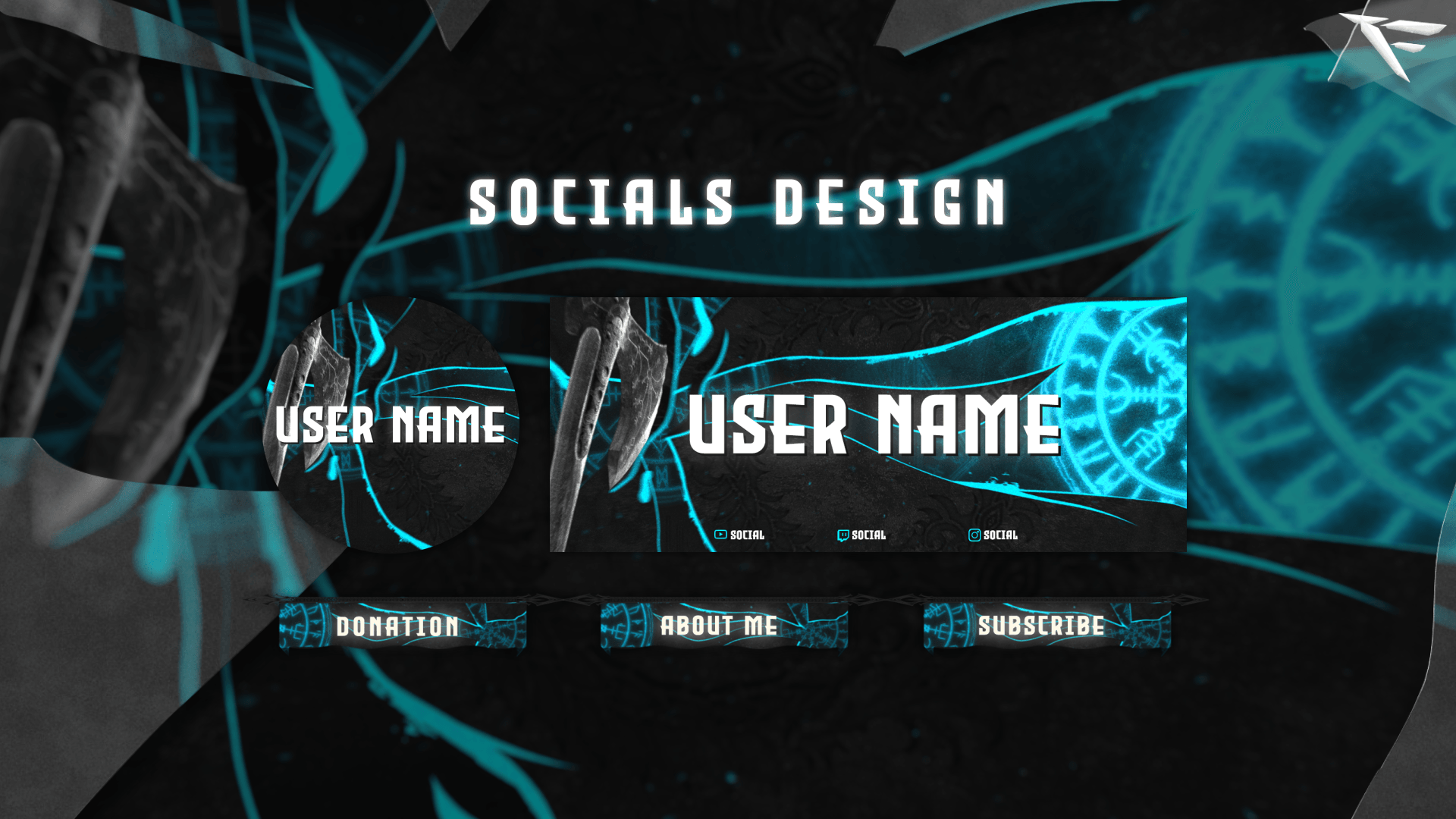 Viking Twitch panels – matching Norse-inspired designs with axes, carved wood textures, and ancient rune motifs for channel sections.